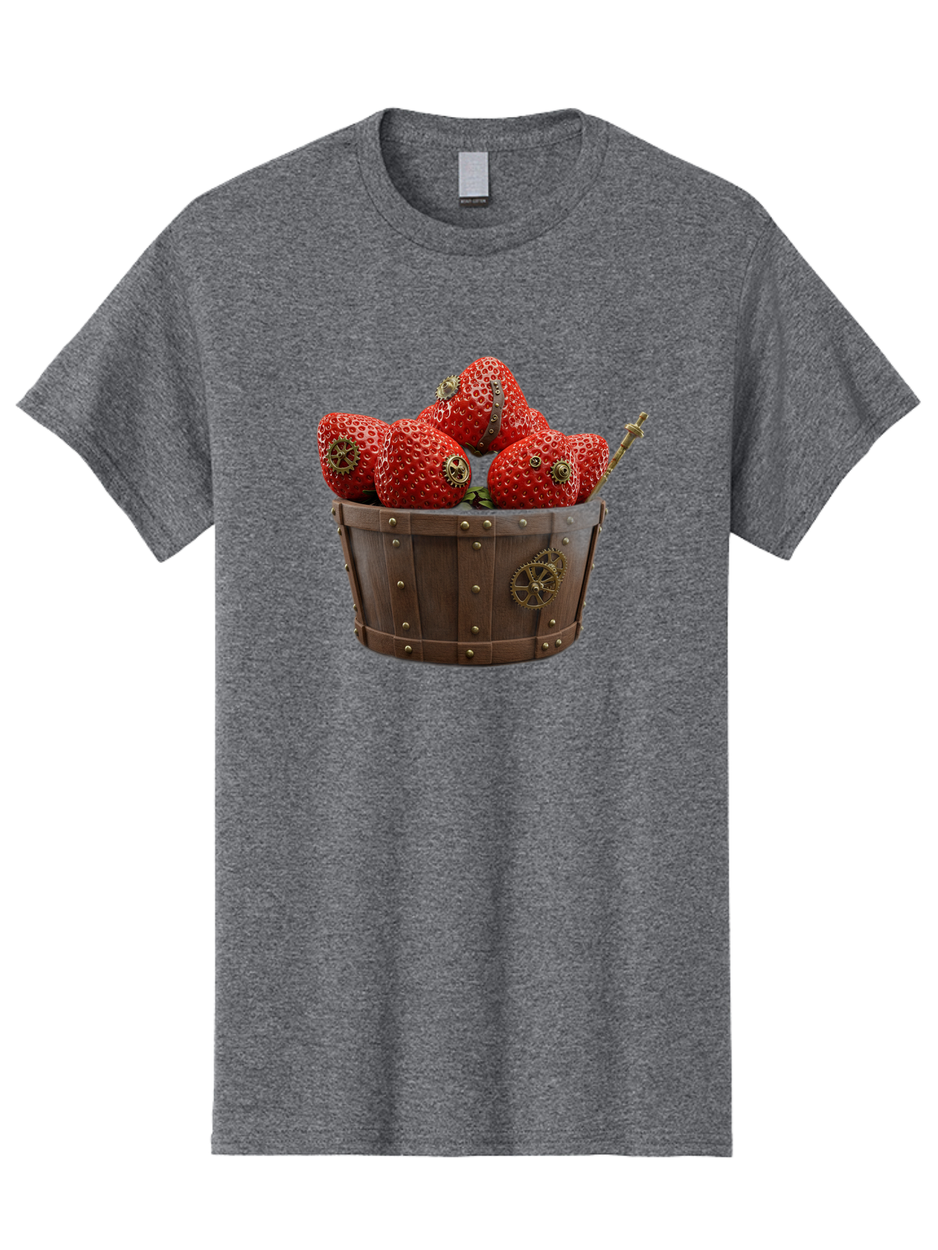 Steampunk-Strawberries Men'S Graphic Tee, 100% Cotton, Comfortable Casual Summer Wear, Machine Washable, Steampunk Strawberries, Mechanical Fruit, Wooden Basket, Gear Embellishments, Industrial Design, Vintage Aesthetic, Creative Concept, Bac455