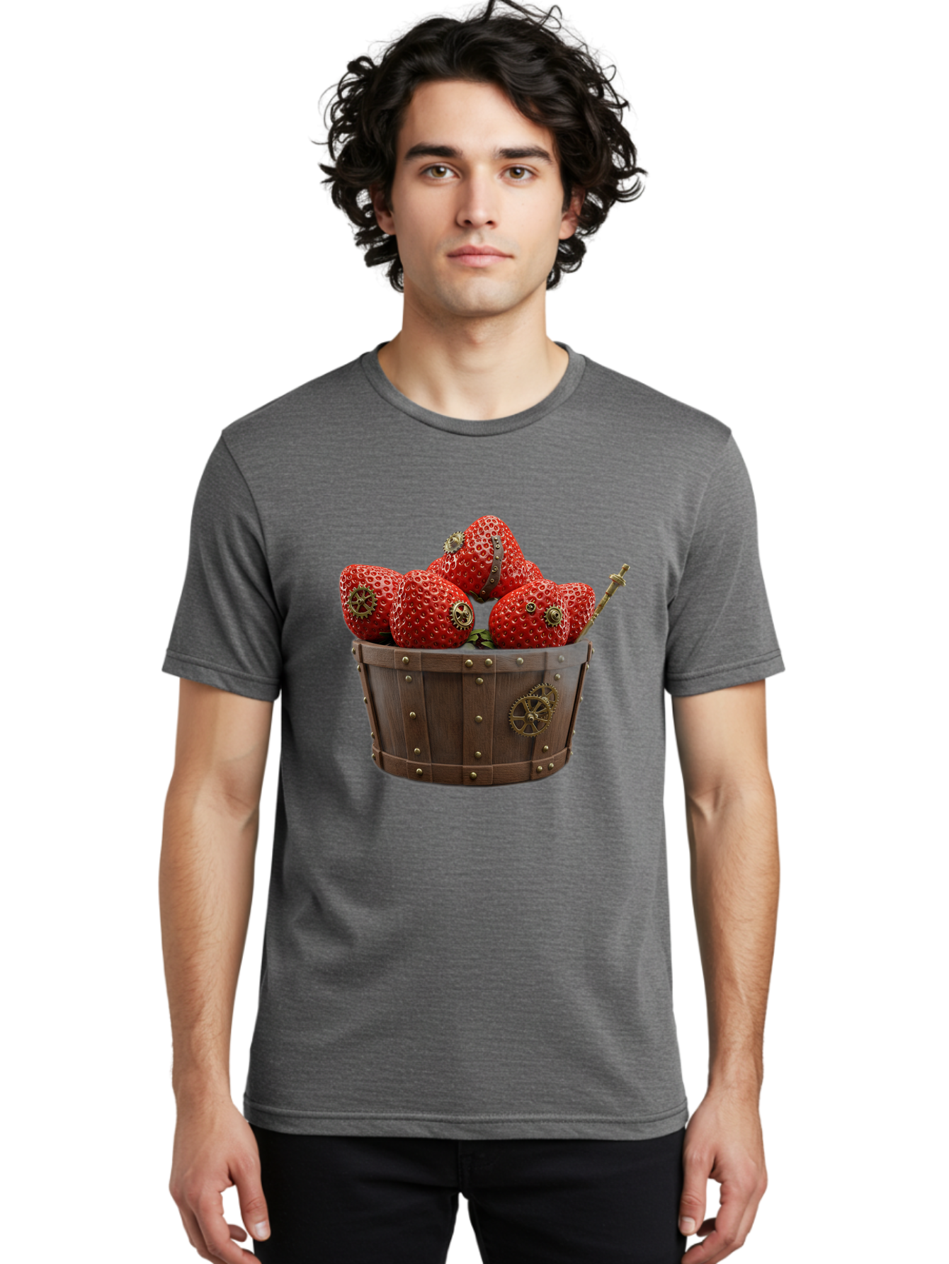 Steampunk-Strawberries Men'S Graphic Tee, 100% Cotton, Comfortable Casual Summer Wear, Machine Washable, Steampunk Strawberries, Mechanical Fruit, Wooden Basket, Gear Embellishments, Industrial Design, Vintage Aesthetic, Creative Concept, Bac455