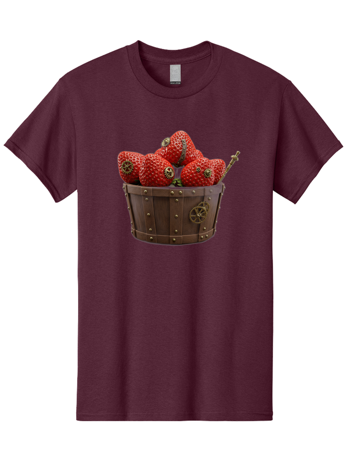Steampunk-Strawberries Men'S Graphic Tee, 100% Cotton, Comfortable Casual Summer Wear, Machine Washable, Steampunk Strawberries, Mechanical Fruit, Wooden Basket, Gear Embellishments, Industrial Design, Vintage Aesthetic, Creative Concept, Bac455