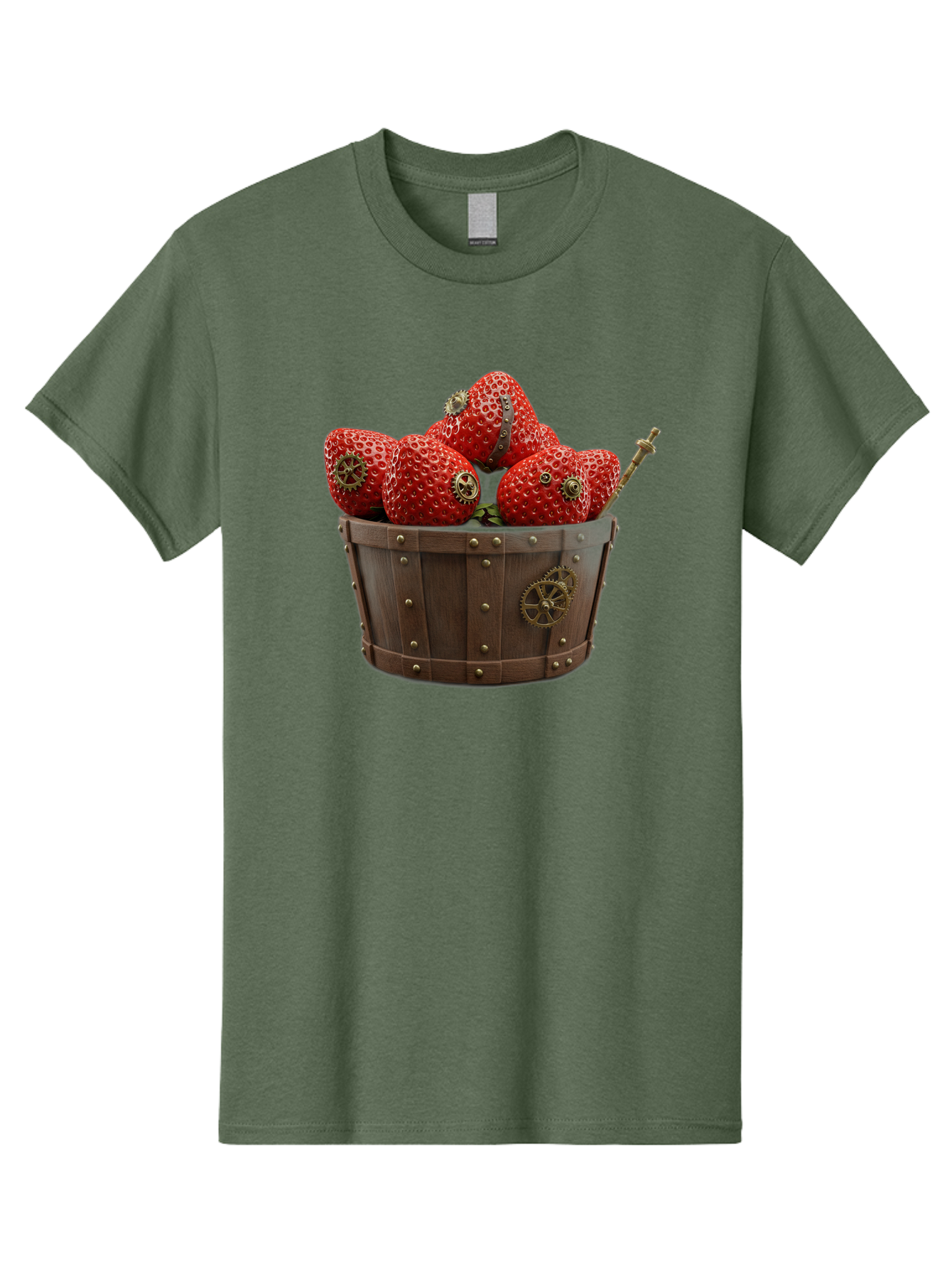 Steampunk-Strawberries Men'S Graphic Tee, 100% Cotton, Comfortable Casual Summer Wear, Machine Washable, Steampunk Strawberries, Mechanical Fruit, Wooden Basket, Gear Embellishments, Industrial Design, Vintage Aesthetic, Creative Concept, Bac455
