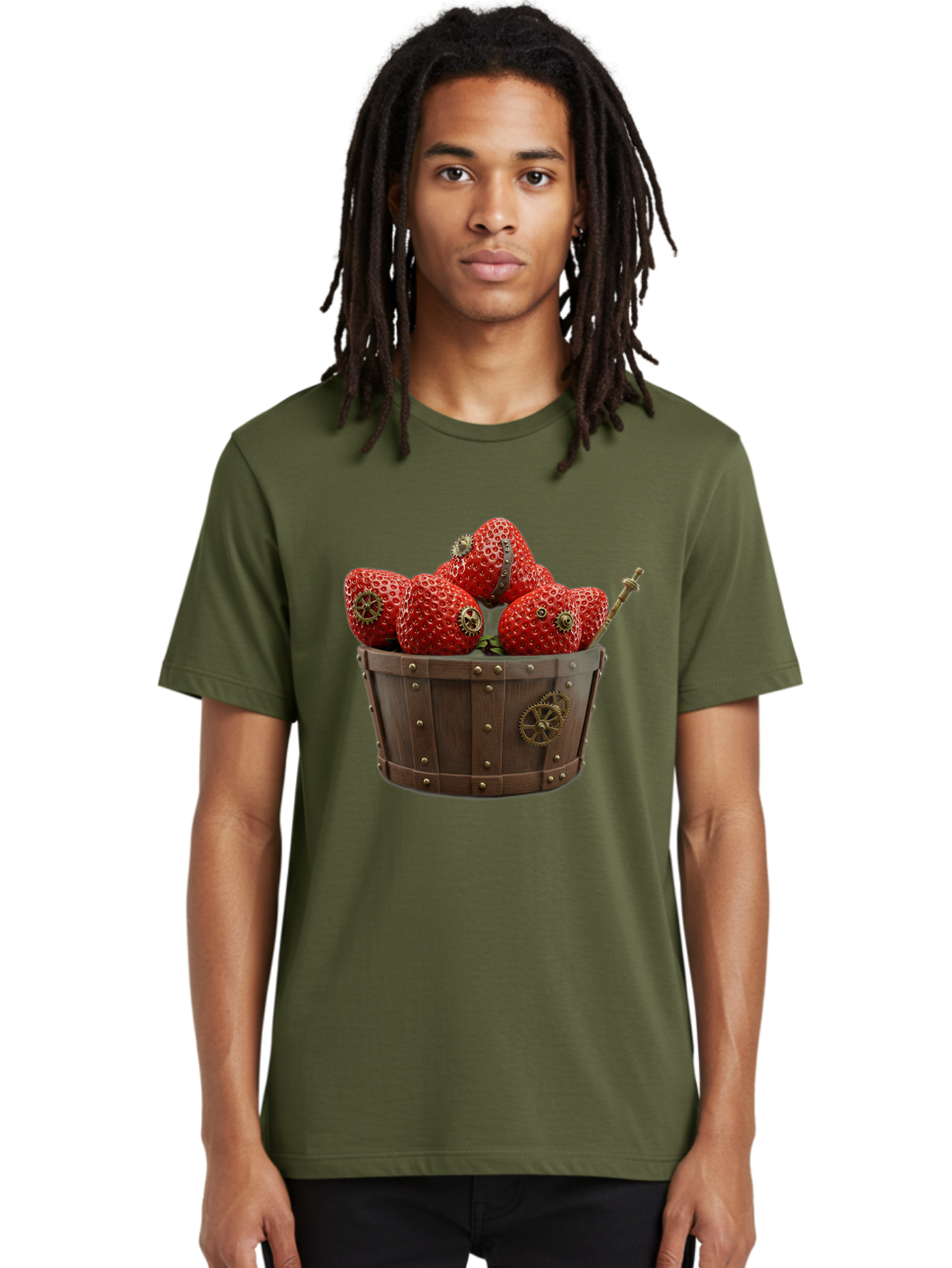 Steampunk-Strawberries Men'S Graphic Tee, 100% Cotton, Comfortable Casual Summer Wear, Machine Washable, Steampunk Strawberries, Mechanical Fruit, Wooden Basket, Gear Embellishments, Industrial Design, Vintage Aesthetic, Creative Concept, Bac455