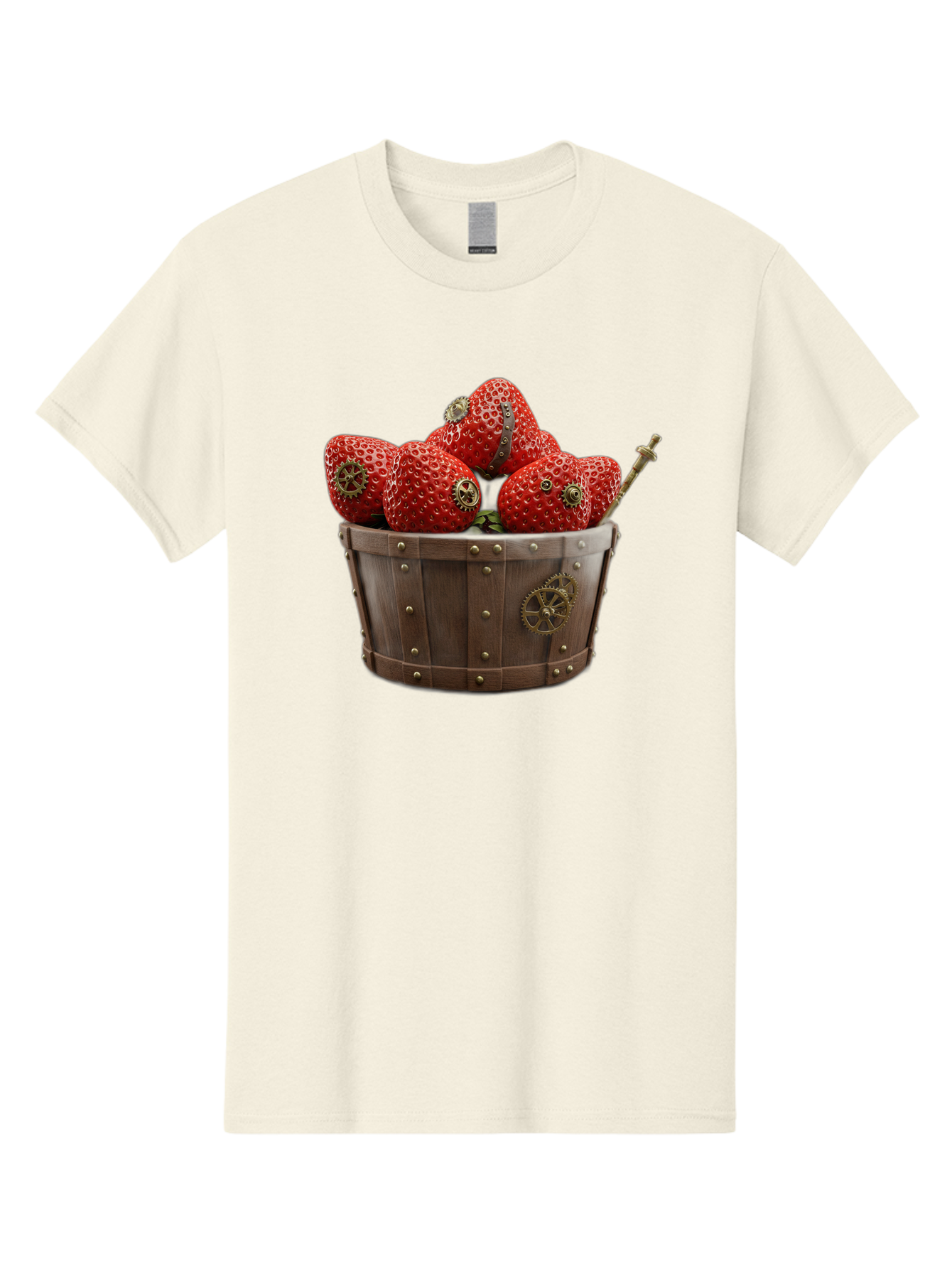 Steampunk-Strawberries Men'S Graphic Tee, 100% Cotton, Comfortable Casual Summer Wear, Machine Washable, Steampunk Strawberries, Mechanical Fruit, Wooden Basket, Gear Embellishments, Industrial Design, Vintage Aesthetic, Creative Concept, Bac455