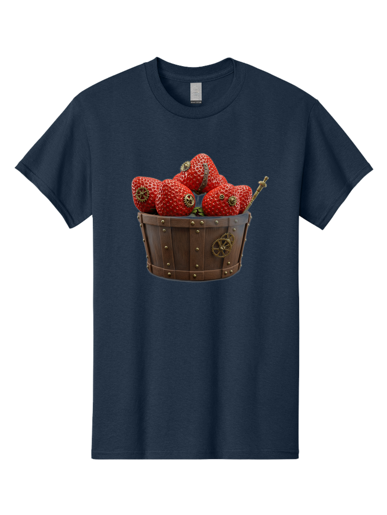 Steampunk-Strawberries Men'S Graphic Tee, 100% Cotton, Comfortable Casual Summer Wear, Machine Washable, Steampunk Strawberries, Mechanical Fruit, Wooden Basket, Gear Embellishments, Industrial Design, Vintage Aesthetic, Creative Concept, Bac455
