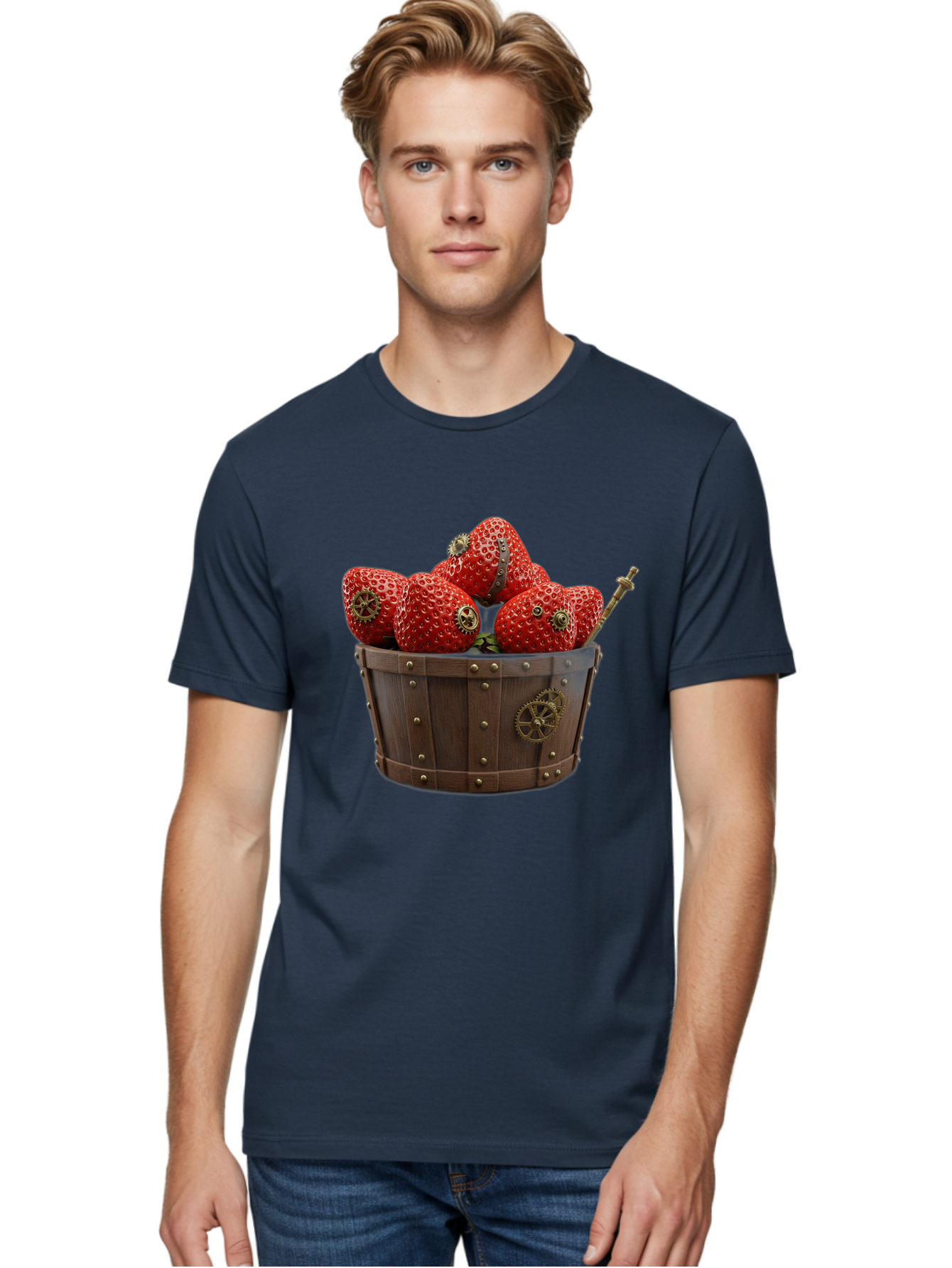 Steampunk-Strawberries Men'S Graphic Tee, 100% Cotton, Comfortable Casual Summer Wear, Machine Washable, Steampunk Strawberries, Mechanical Fruit, Wooden Basket, Gear Embellishments, Industrial Design, Vintage Aesthetic, Creative Concept, Bac455