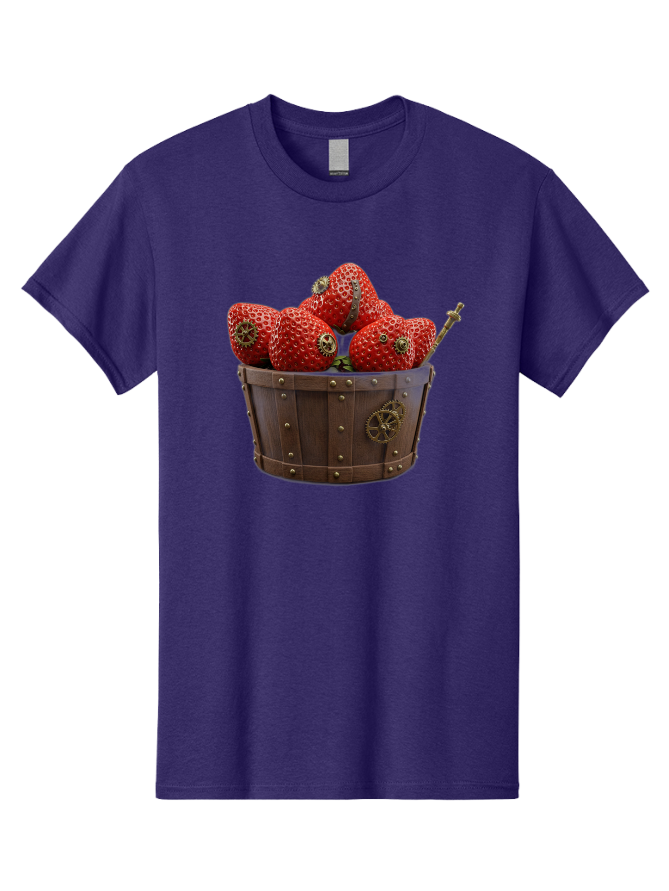 Steampunk-Strawberries Men'S Graphic Tee, 100% Cotton, Comfortable Casual Summer Wear, Machine Washable, Steampunk Strawberries, Mechanical Fruit, Wooden Basket, Gear Embellishments, Industrial Design, Vintage Aesthetic, Creative Concept, Bac455