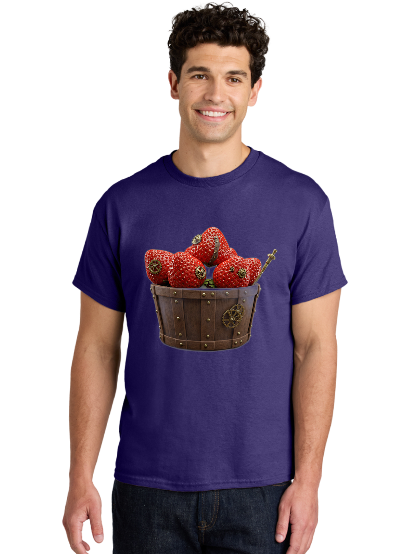Steampunk-Strawberries Men'S Graphic Tee, 100% Cotton, Comfortable Casual Summer Wear, Machine Washable, Steampunk Strawberries, Mechanical Fruit, Wooden Basket, Gear Embellishments, Industrial Design, Vintage Aesthetic, Creative Concept, Bac455