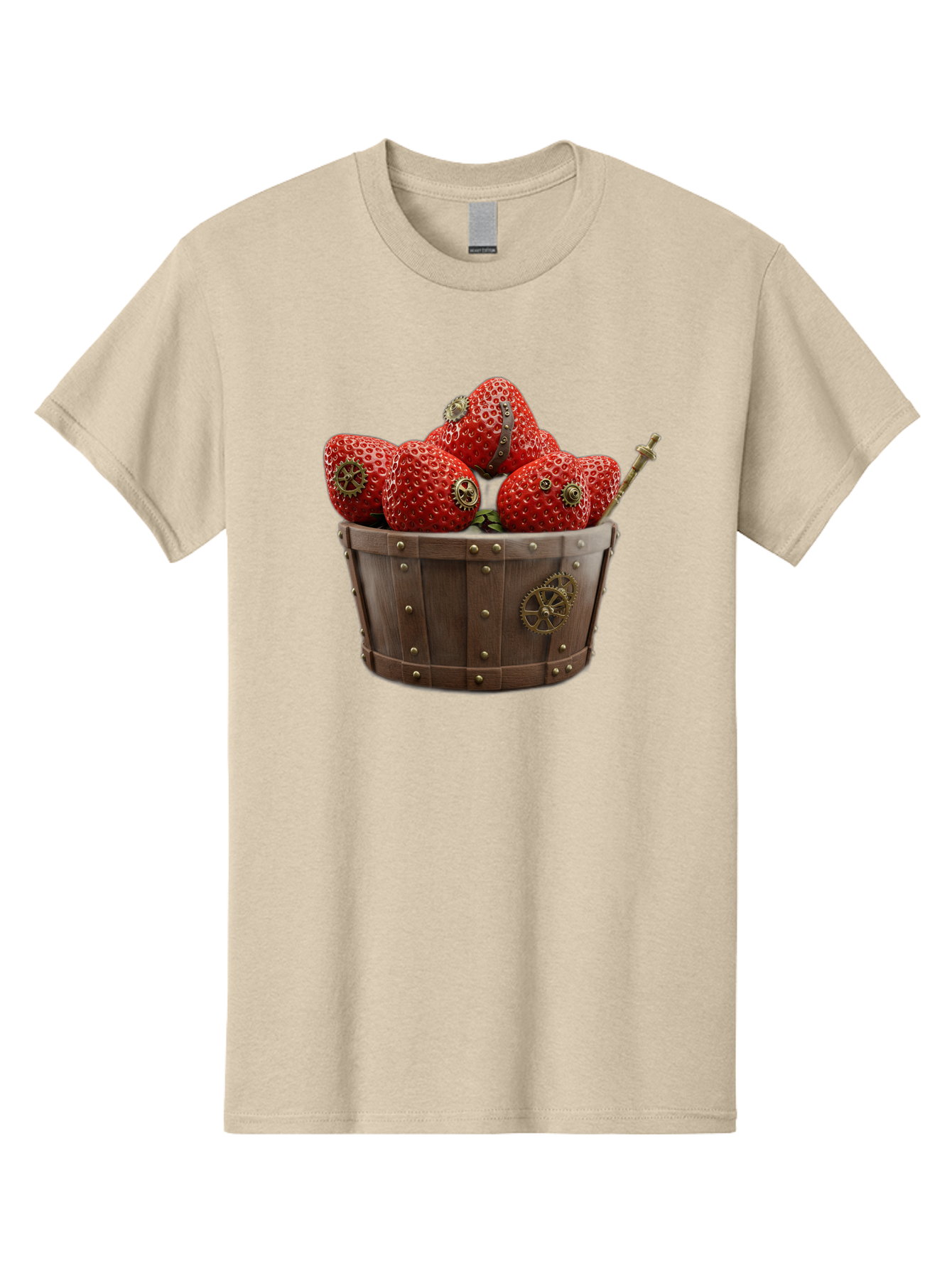 Steampunk-Strawberries Men'S Graphic Tee, 100% Cotton, Comfortable Casual Summer Wear, Machine Washable, Steampunk Strawberries, Mechanical Fruit, Wooden Basket, Gear Embellishments, Industrial Design, Vintage Aesthetic, Creative Concept, Bac455