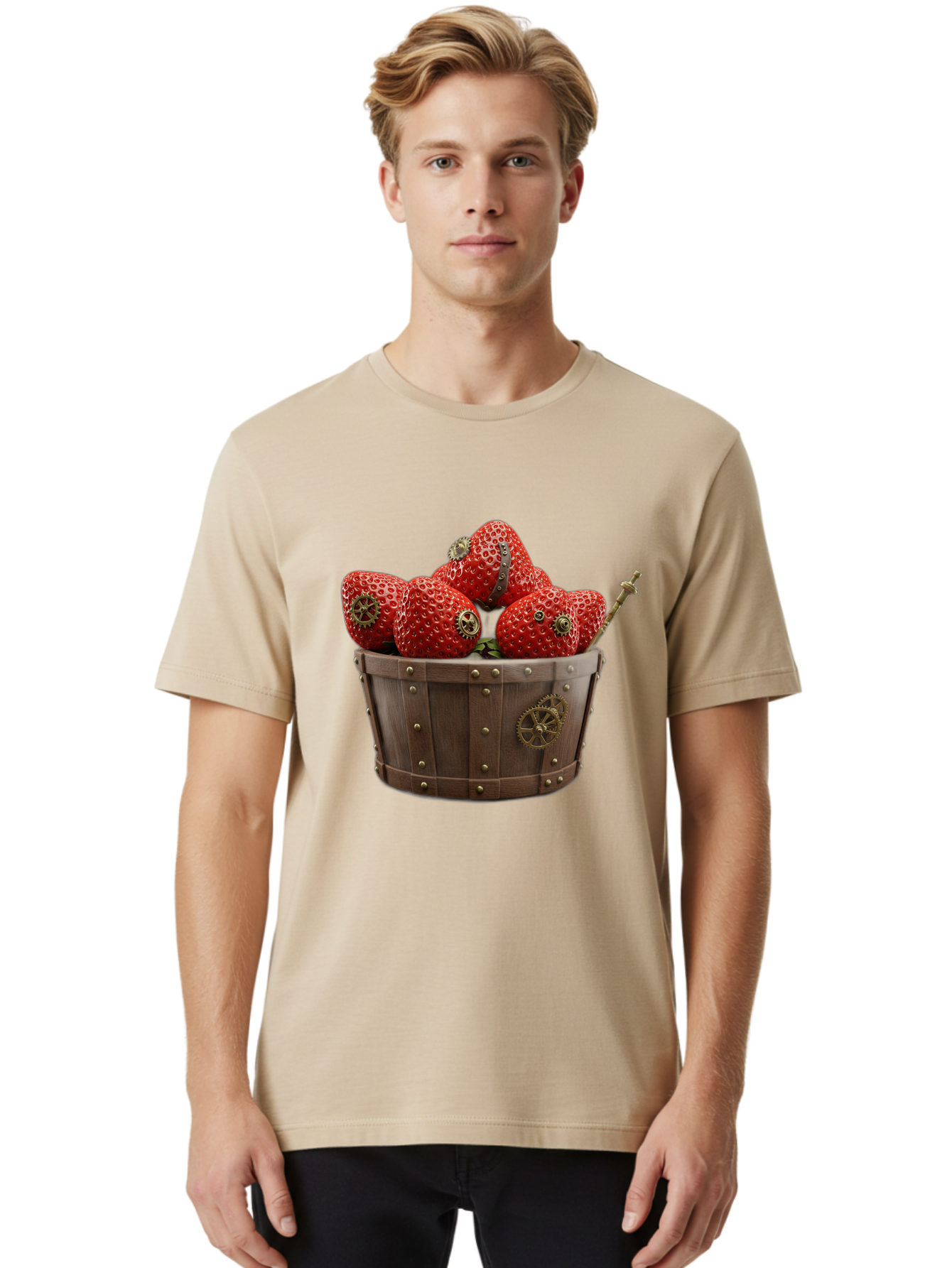 Steampunk-Strawberries Men'S Graphic Tee, 100% Cotton, Comfortable Casual Summer Wear, Machine Washable, Steampunk Strawberries, Mechanical Fruit, Wooden Basket, Gear Embellishments, Industrial Design, Vintage Aesthetic, Creative Concept, Bac455