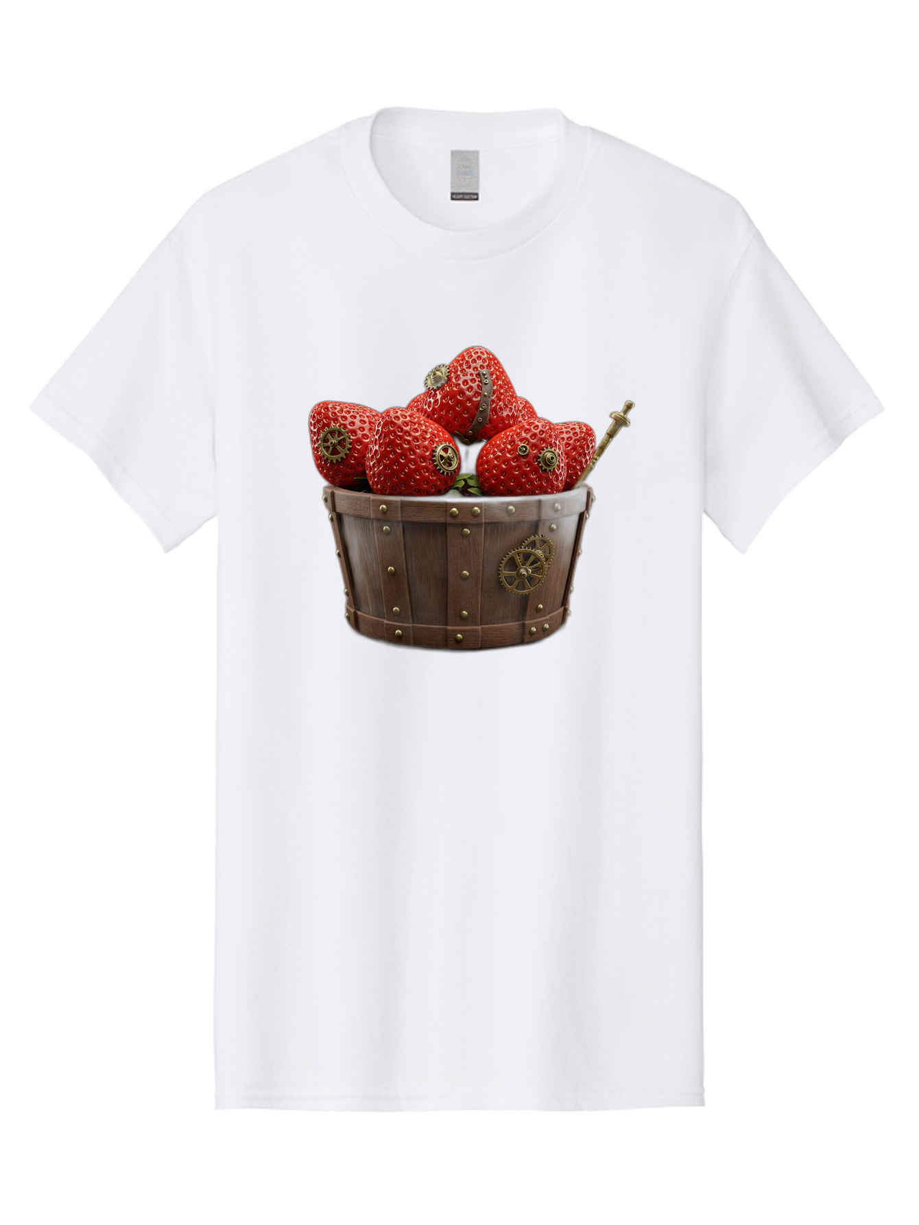 Steampunk-Strawberries Men'S Graphic Tee, 100% Cotton, Comfortable Casual Summer Wear, Machine Washable, Steampunk Strawberries, Mechanical Fruit, Wooden Basket, Gear Embellishments, Industrial Design, Vintage Aesthetic, Creative Concept, Bac455