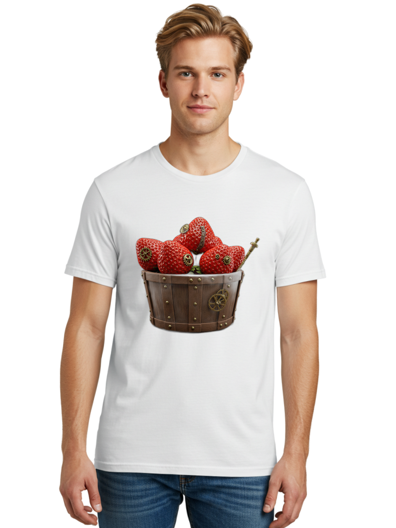 Steampunk-Strawberries Men'S Graphic Tee, 100% Cotton, Comfortable Casual Summer Wear, Machine Washable, Steampunk Strawberries, Mechanical Fruit, Wooden Basket, Gear Embellishments, Industrial Design, Vintage Aesthetic, Creative Concept, Bac455
