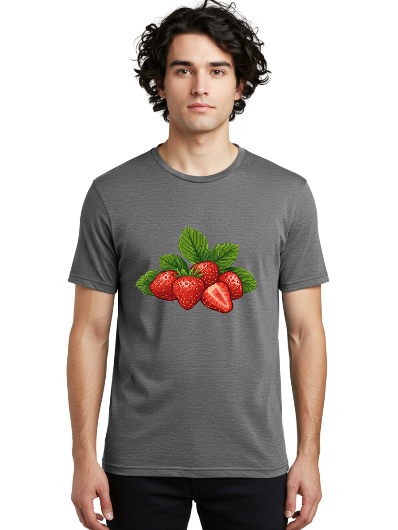 Strawberries-1 Men'S Graphic Tee, 100% Cotton, Comfortable Casual Summer Wear, Machine Washable, Five Red Strawberries, Strawberry Cut In Half, Green Leaves, Pixel Art, Fresh Fruit, Summer Harvest, Sweet Treats, Ripe Strawberries Bac456