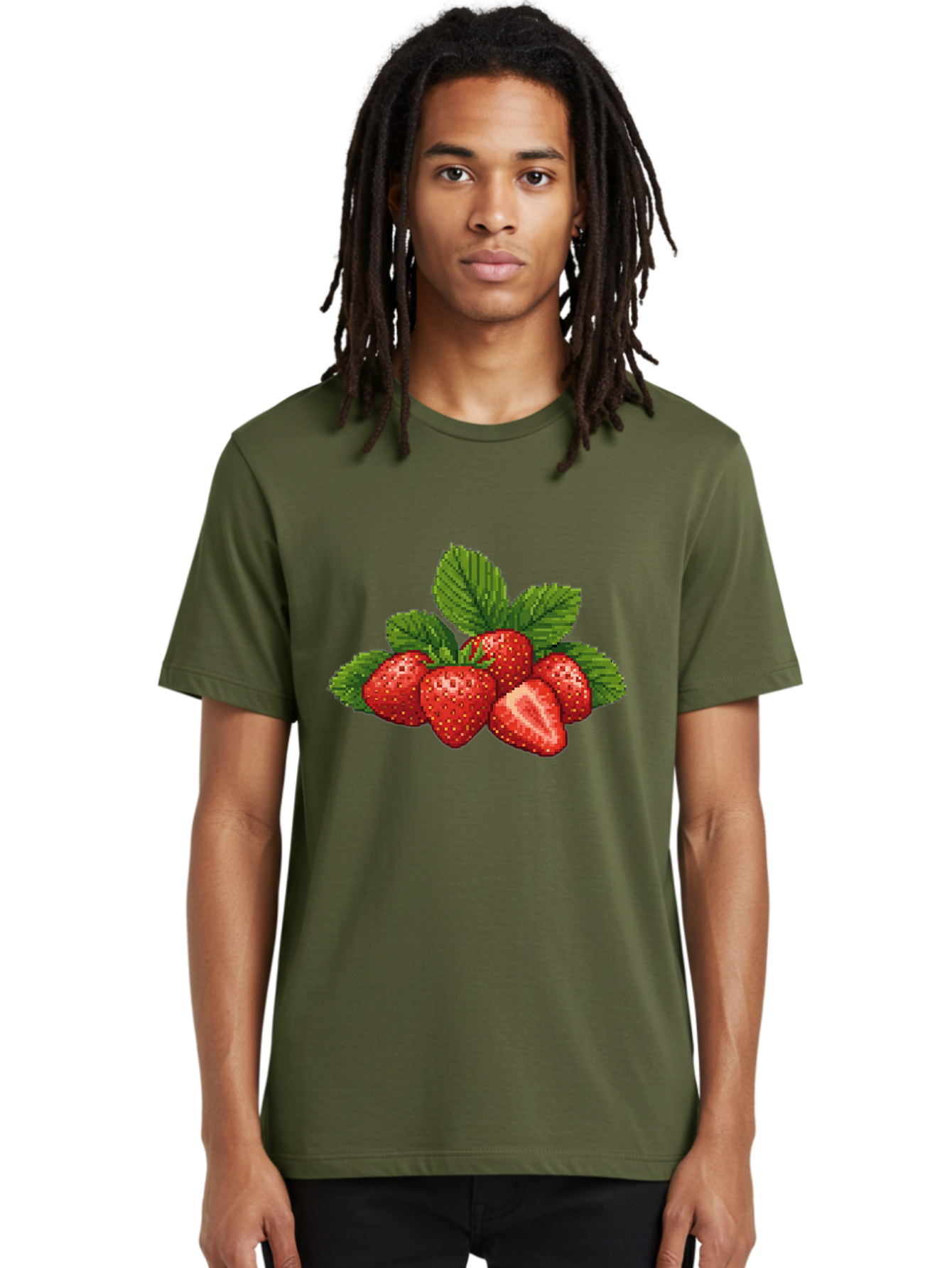 Strawberries-1 Men'S Graphic Tee, 100% Cotton, Comfortable Casual Summer Wear, Machine Washable, Five Red Strawberries, Strawberry Cut In Half, Green Leaves, Pixel Art, Fresh Fruit, Summer Harvest, Sweet Treats, Ripe Strawberries Bac456