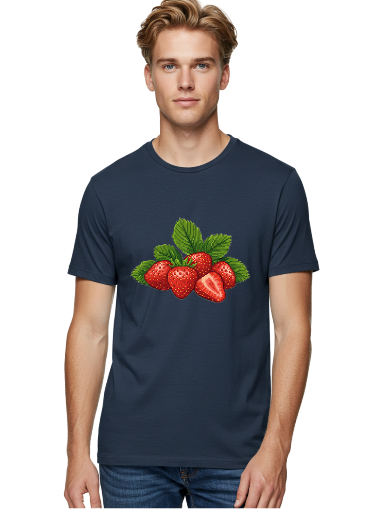 Strawberries-1 Men'S Graphic Tee, 100% Cotton, Comfortable Casual Summer Wear, Machine Washable, Five Red Strawberries, Strawberry Cut In Half, Green Leaves, Pixel Art, Fresh Fruit, Summer Harvest, Sweet Treats, Ripe Strawberries Bac456