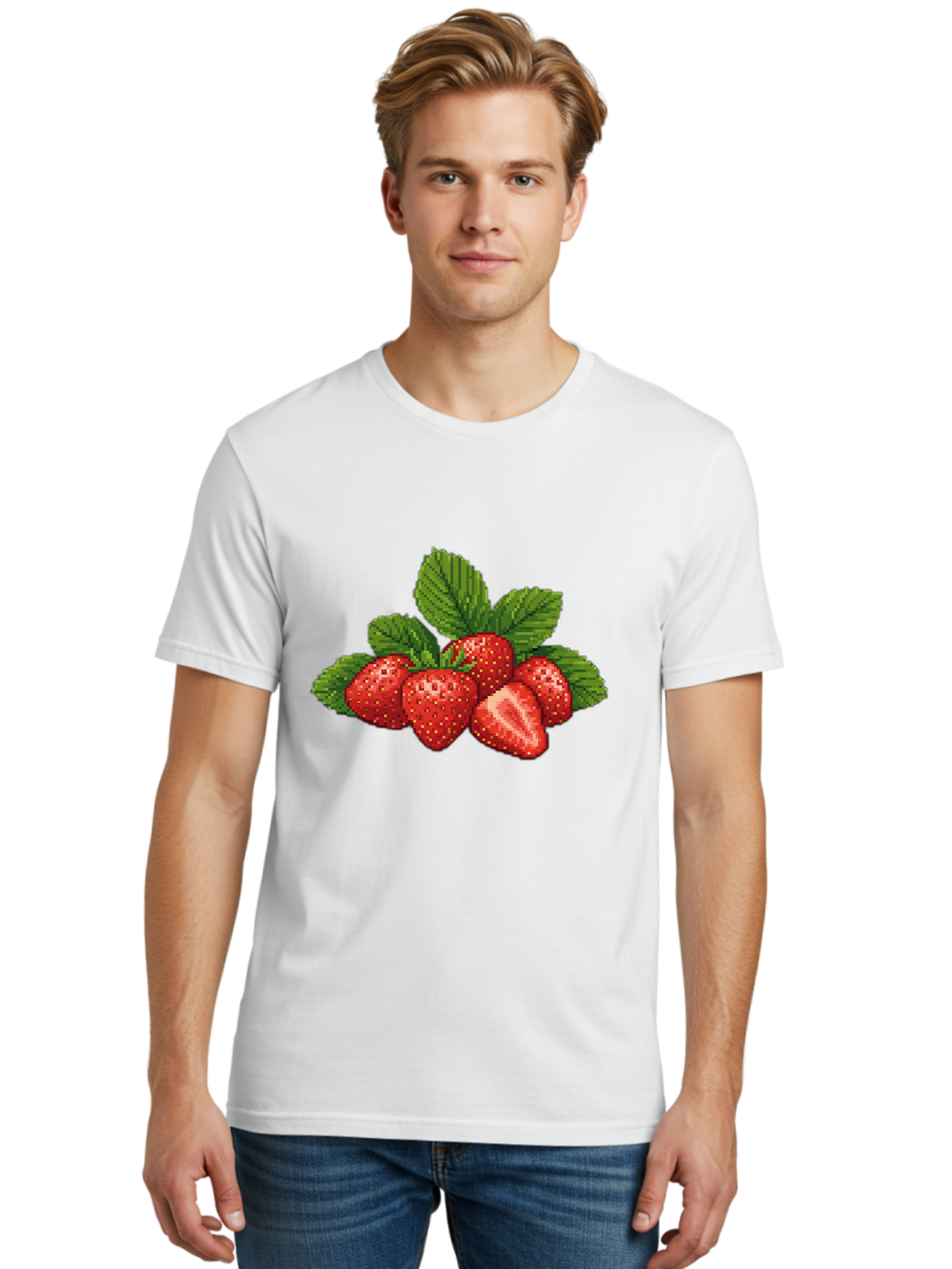 Strawberries-1 Men'S Graphic Tee, 100% Cotton, Comfortable Casual Summer Wear, Machine Washable, Five Red Strawberries, Strawberry Cut In Half, Green Leaves, Pixel Art, Fresh Fruit, Summer Harvest, Sweet Treats, Ripe Strawberries Bac456