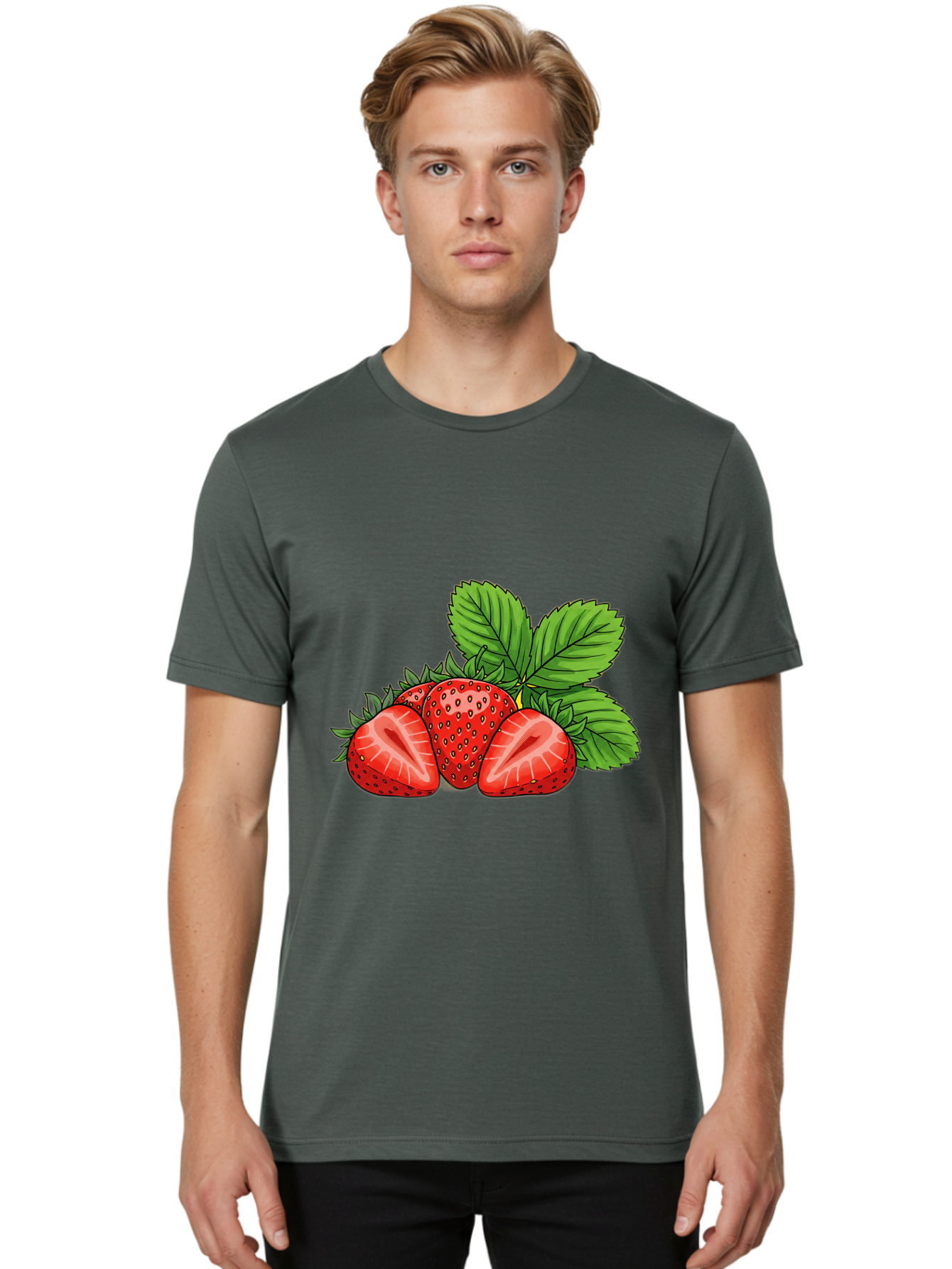 Strawberries-2 Men'S Graphic Tee, 100% Cotton, Comfortable Casual Summer Wear, Machine Washable, Strawberries With Leaves, Fresh Fruit, Vibrant Red Color, Organic Produce, Healthy Snack, Summer Fruits, Sweet Strawberries, Ripe Strawberries Bac457