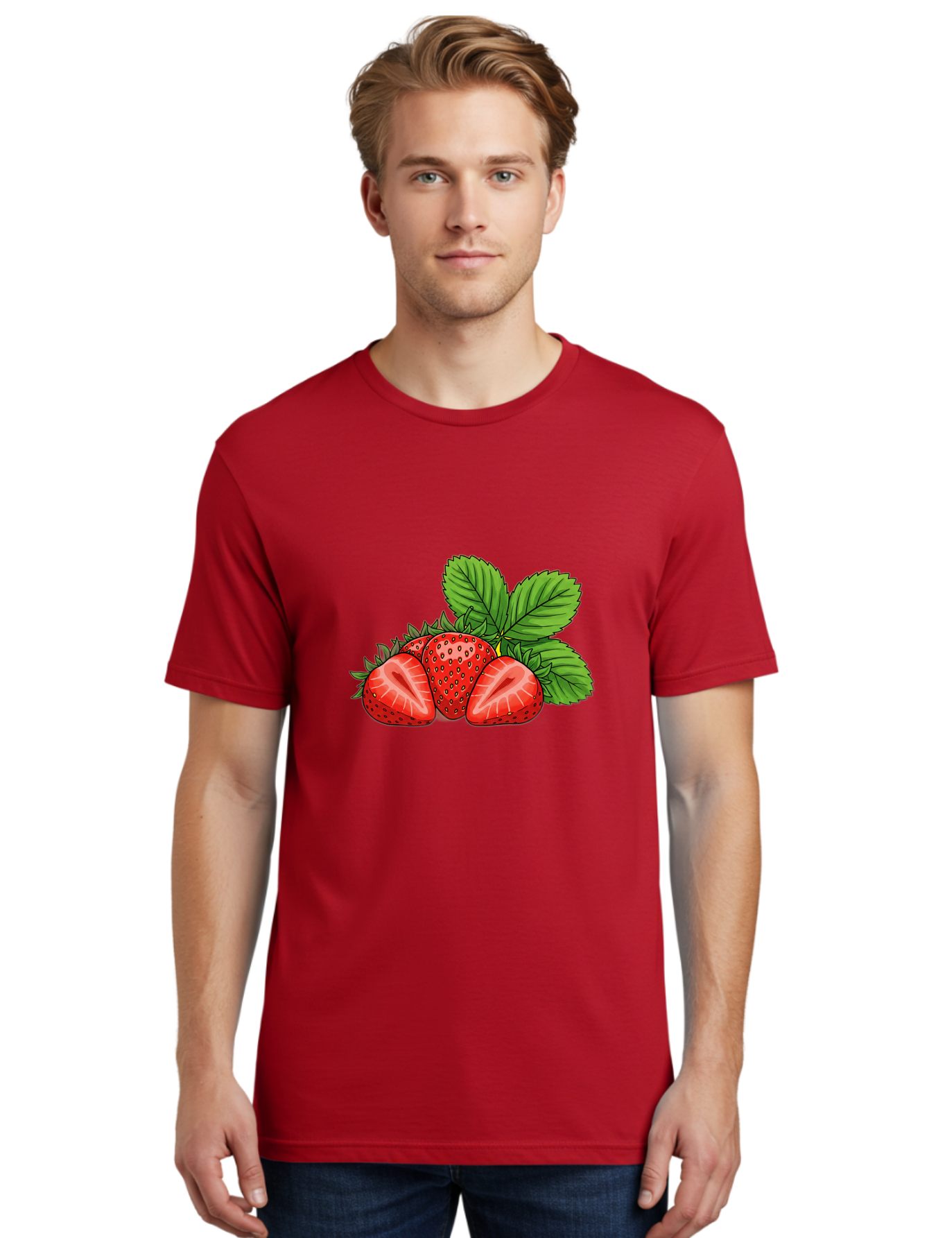 Strawberries-2 Men'S Graphic Tee, 100% Cotton, Comfortable Casual Summer Wear, Machine Washable, Strawberries With Leaves, Fresh Fruit, Vibrant Red Color, Organic Produce, Healthy Snack, Summer Fruits, Sweet Strawberries, Ripe Strawberries Bac457