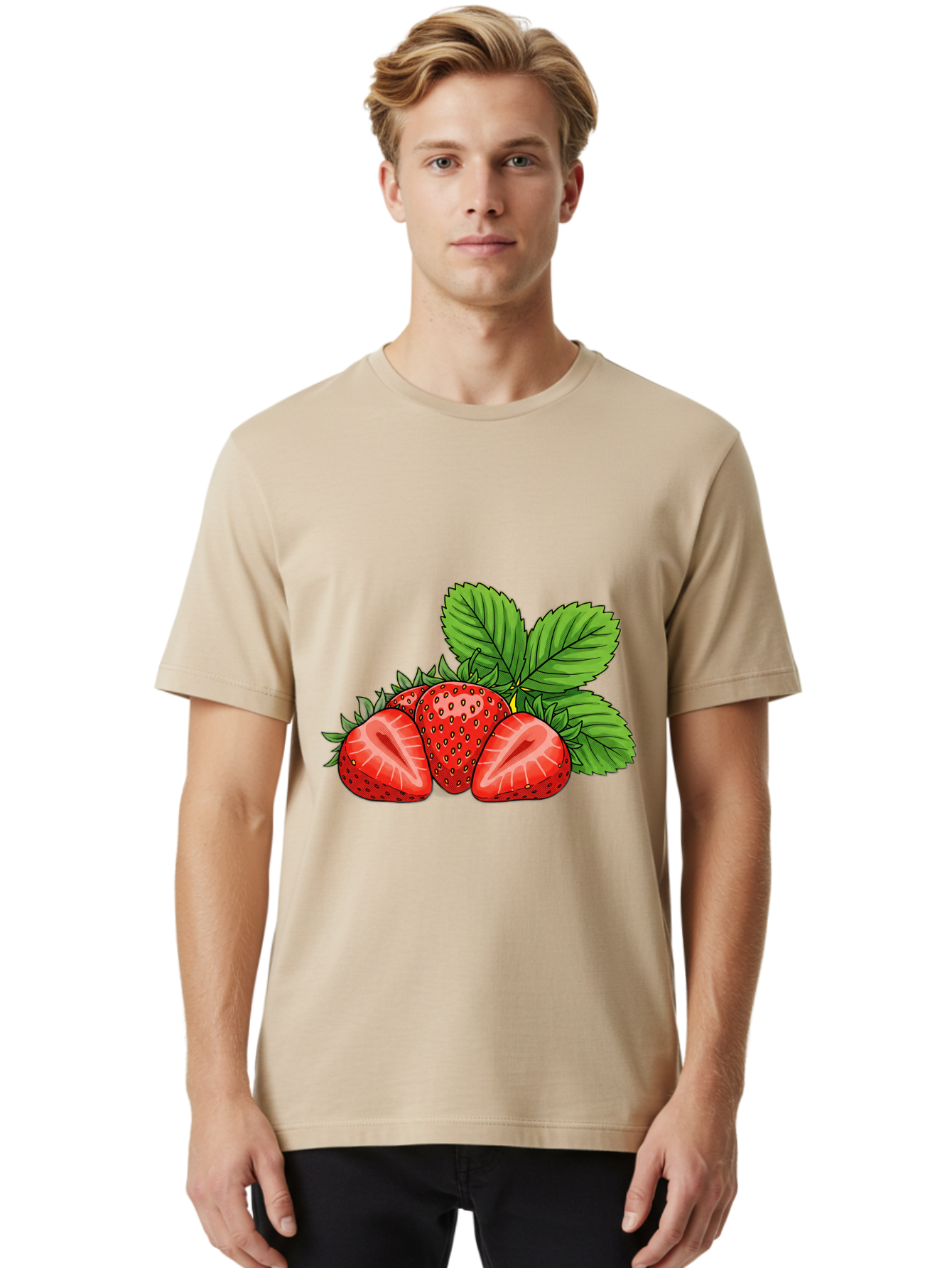 Strawberries-2 Men'S Graphic Tee, 100% Cotton, Comfortable Casual Summer Wear, Machine Washable, Strawberries With Leaves, Fresh Fruit, Vibrant Red Color, Organic Produce, Healthy Snack, Summer Fruits, Sweet Strawberries, Ripe Strawberries Bac457