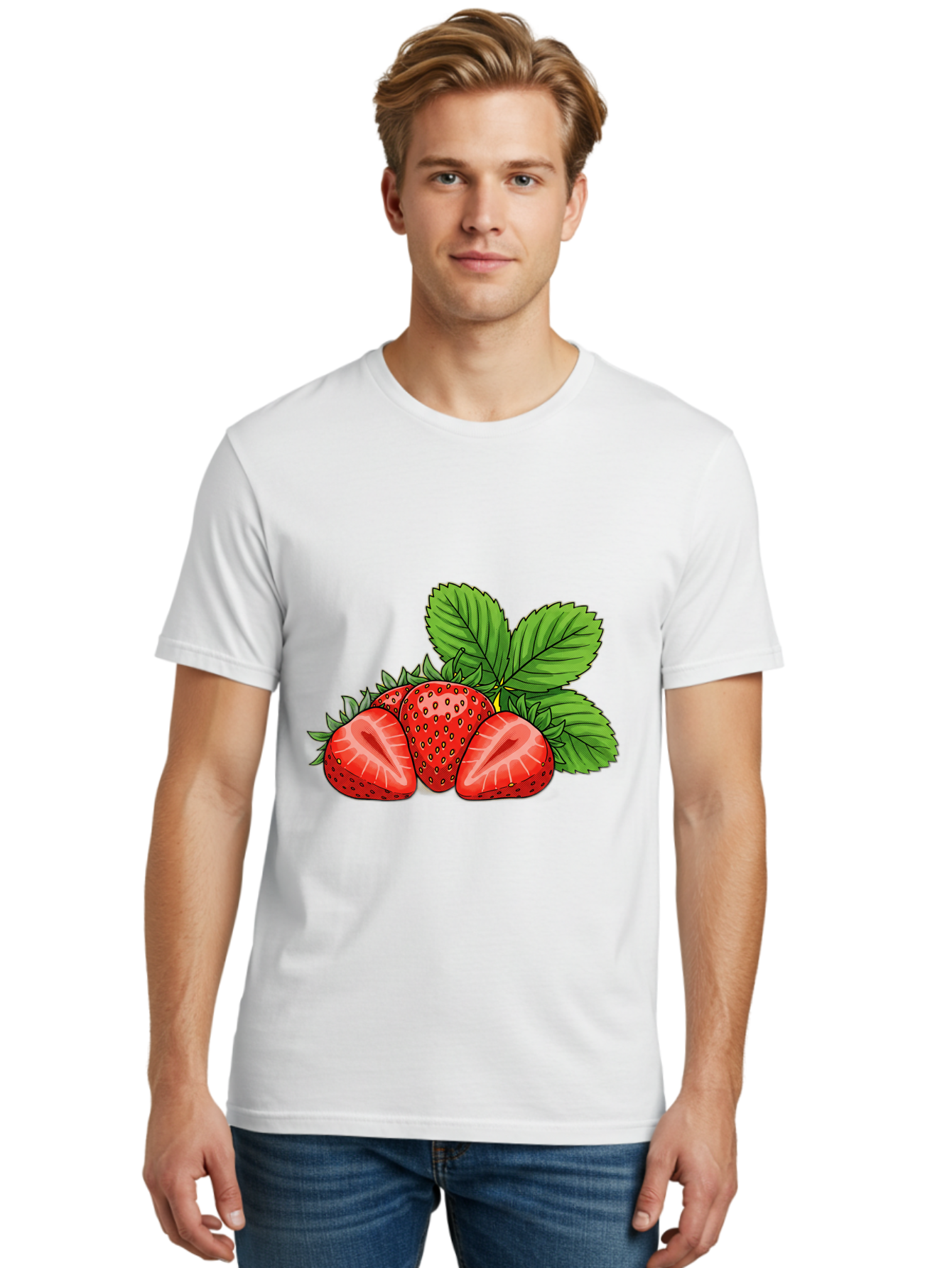 Strawberries-2 Men'S Graphic Tee, 100% Cotton, Comfortable Casual Summer Wear, Machine Washable, Strawberries With Leaves, Fresh Fruit, Vibrant Red Color, Organic Produce, Healthy Snack, Summer Fruits, Sweet Strawberries, Ripe Strawberries Bac457
