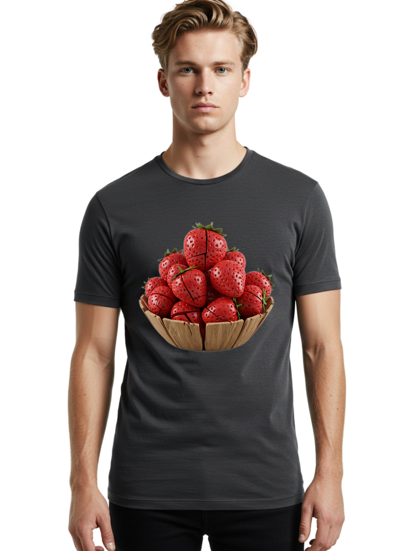 Strawberries-3 Men'S Graphic Tee, 100% Cotton, Comfortable Casual Summer Wear, Machine Washable, Fresh Strawberries, Ripe Fruit, Sweet Treats, Healthy Snack, Red Berries, Green Leaves, Eco-Friendly Packaging, Paper Bowl, Cut Strawberries, Bac458