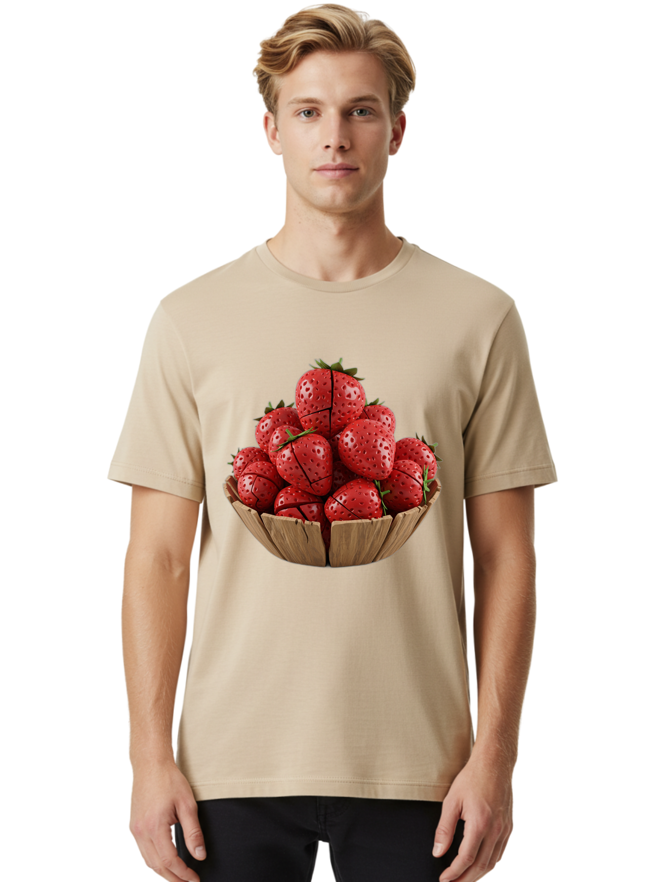 Strawberries-3 Men'S Graphic Tee, 100% Cotton, Comfortable Casual Summer Wear, Machine Washable, Fresh Strawberries, Ripe Fruit, Sweet Treats, Healthy Snack, Red Berries, Green Leaves, Eco-Friendly Packaging, Paper Bowl, Cut Strawberries, Bac458