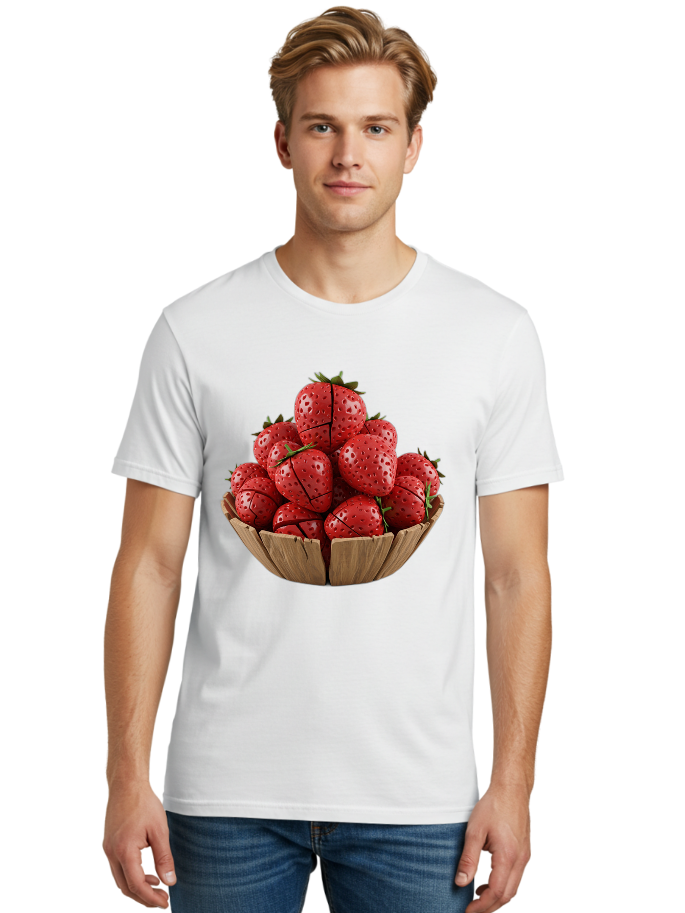 Strawberries-3 Men'S Graphic Tee, 100% Cotton, Comfortable Casual Summer Wear, Machine Washable, Fresh Strawberries, Ripe Fruit, Sweet Treats, Healthy Snack, Red Berries, Green Leaves, Eco-Friendly Packaging, Paper Bowl, Cut Strawberries, Bac458