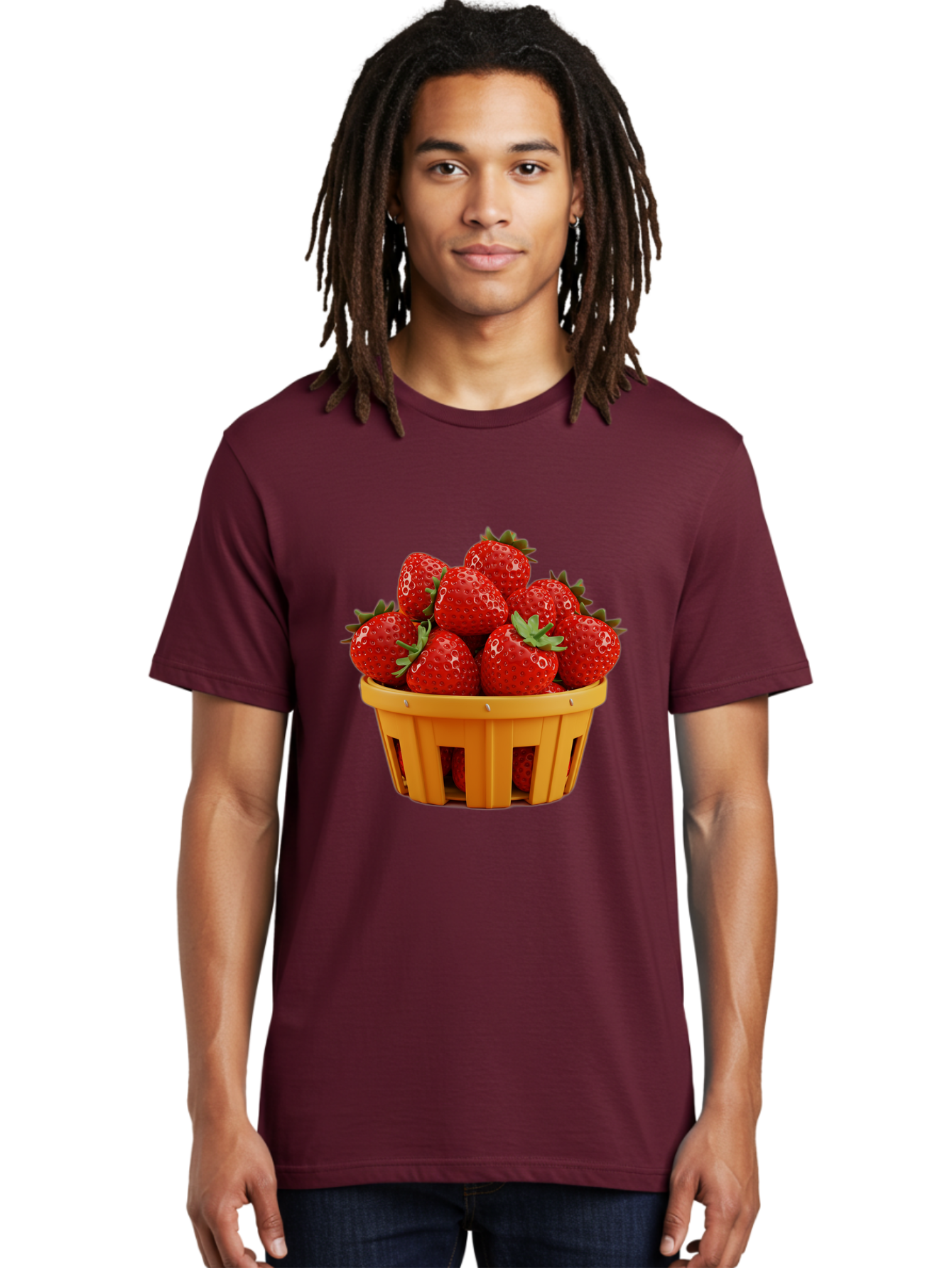 Strawberries-In-A-Yellow-Basket Men'S Graphic Tee, 100% Cotton, Comfortable Casual Summer Wear, Machine Washable, Basket Of Strawberries, Fresh Strawberries, Ripe Strawberries, Summer Fruits, Healthy Snack, Vibrant Red Strawberries, Bac459