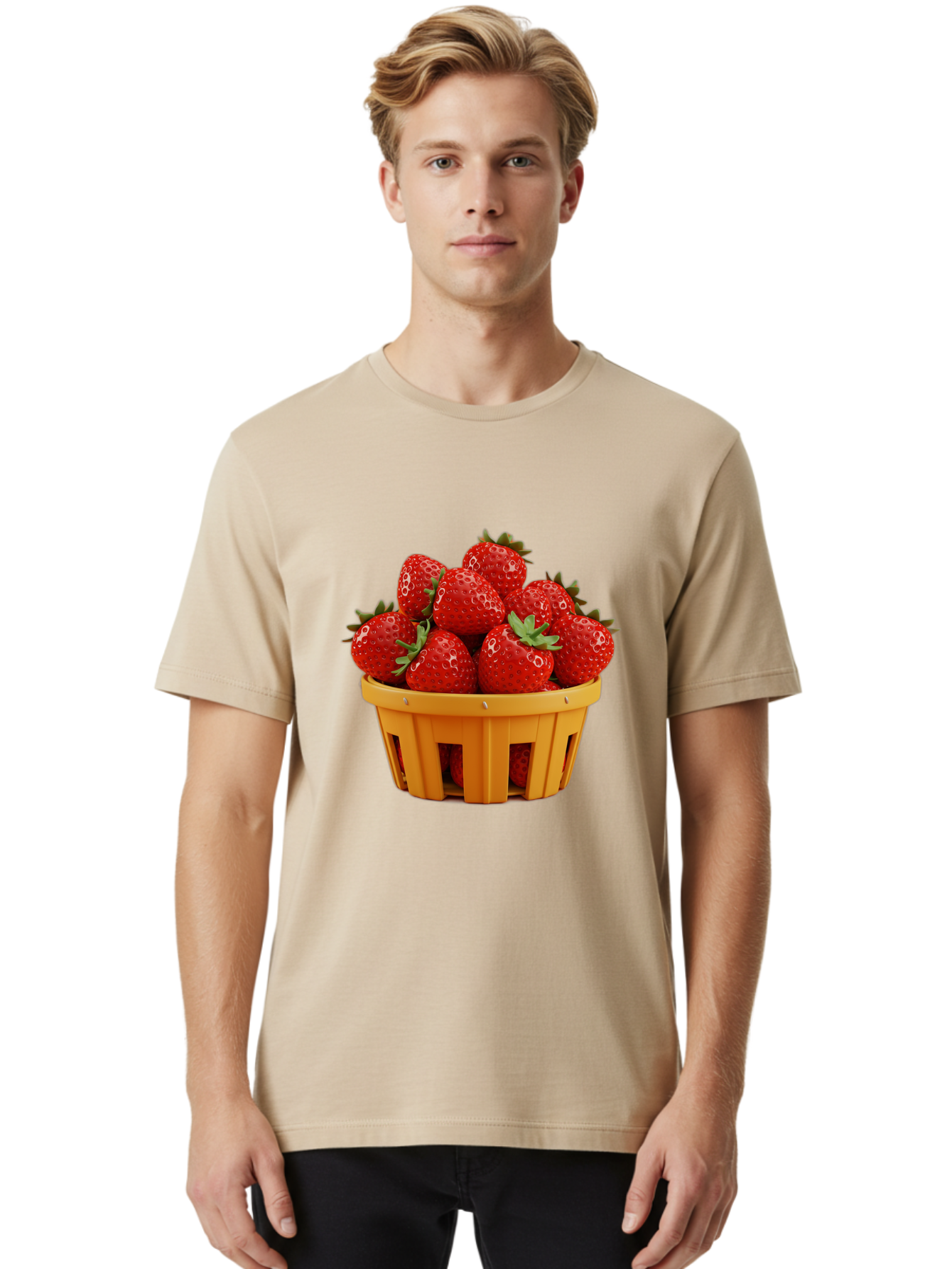 Strawberries-In-A-Yellow-Basket Men'S Graphic Tee, 100% Cotton, Comfortable Casual Summer Wear, Machine Washable, Basket Of Strawberries, Fresh Strawberries, Ripe Strawberries, Summer Fruits, Healthy Snack, Vibrant Red Strawberries, Bac459