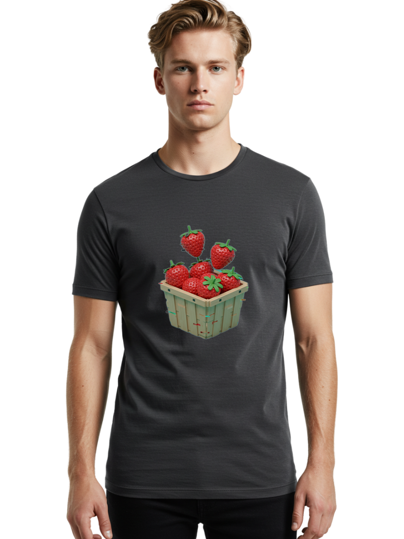 Strawberries-In-Basket Men'S Graphic Tee, 100% Cotton, Comfortable Casual Summer Wear, Machine Washable, Strawberries In Wooden Basket, Fresh Strawberries, Ripe Fruits, Healthy Snack, Basket Full Of Strawberries, Sweet Treats, Summer Fruits Bac460