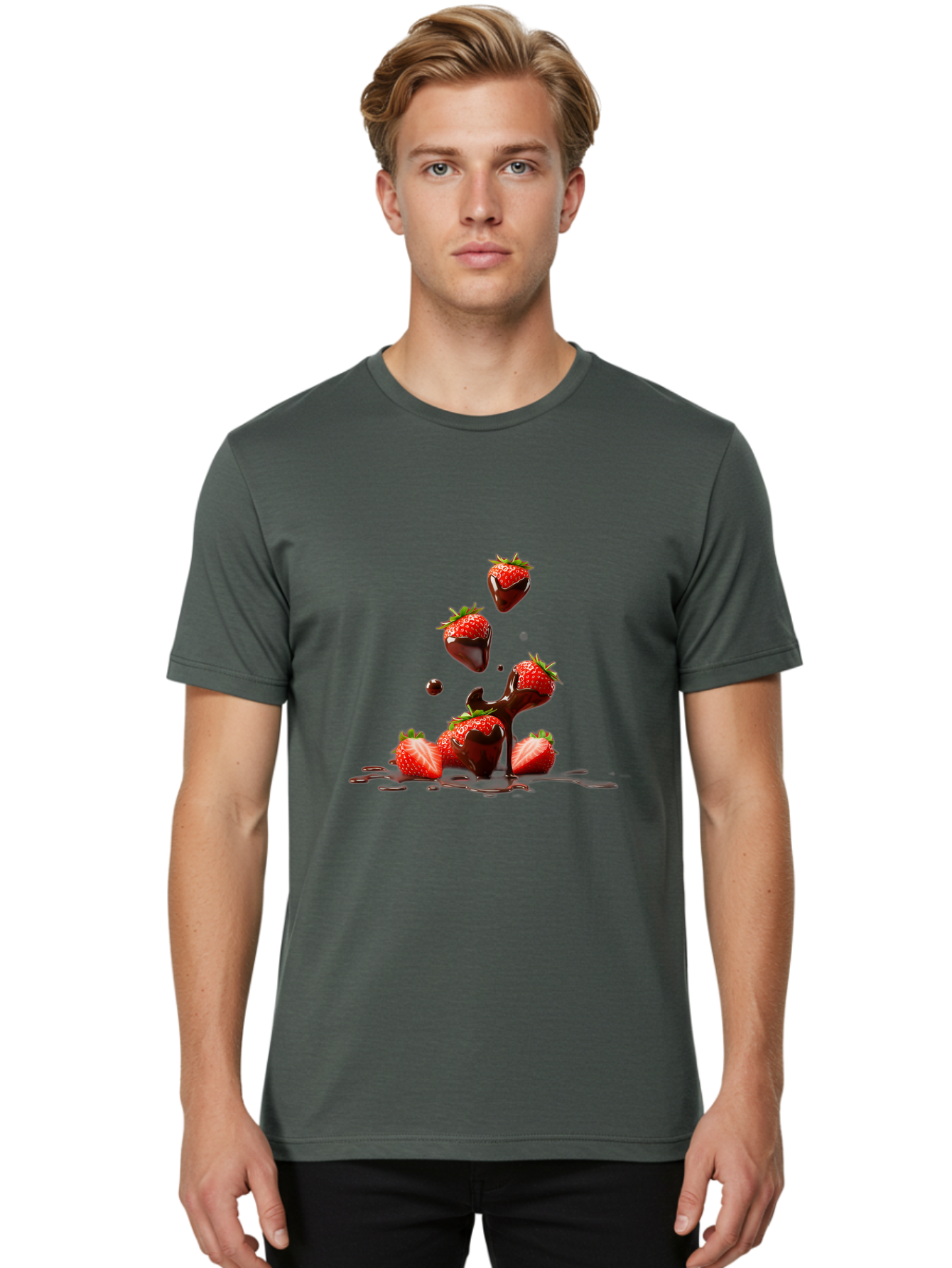 Strawberries-With-Chocolate Men'S Graphic Tee, 100% Cotton, Comfortable Casual Summer Wear, Machine Washable, Strawberries, Chocolate Sauce, Fresh Fruit, Dessert, Sweet Treats, Indulgent Delights, Ripe Strawberries, Chocolatey Goodness, Bac461