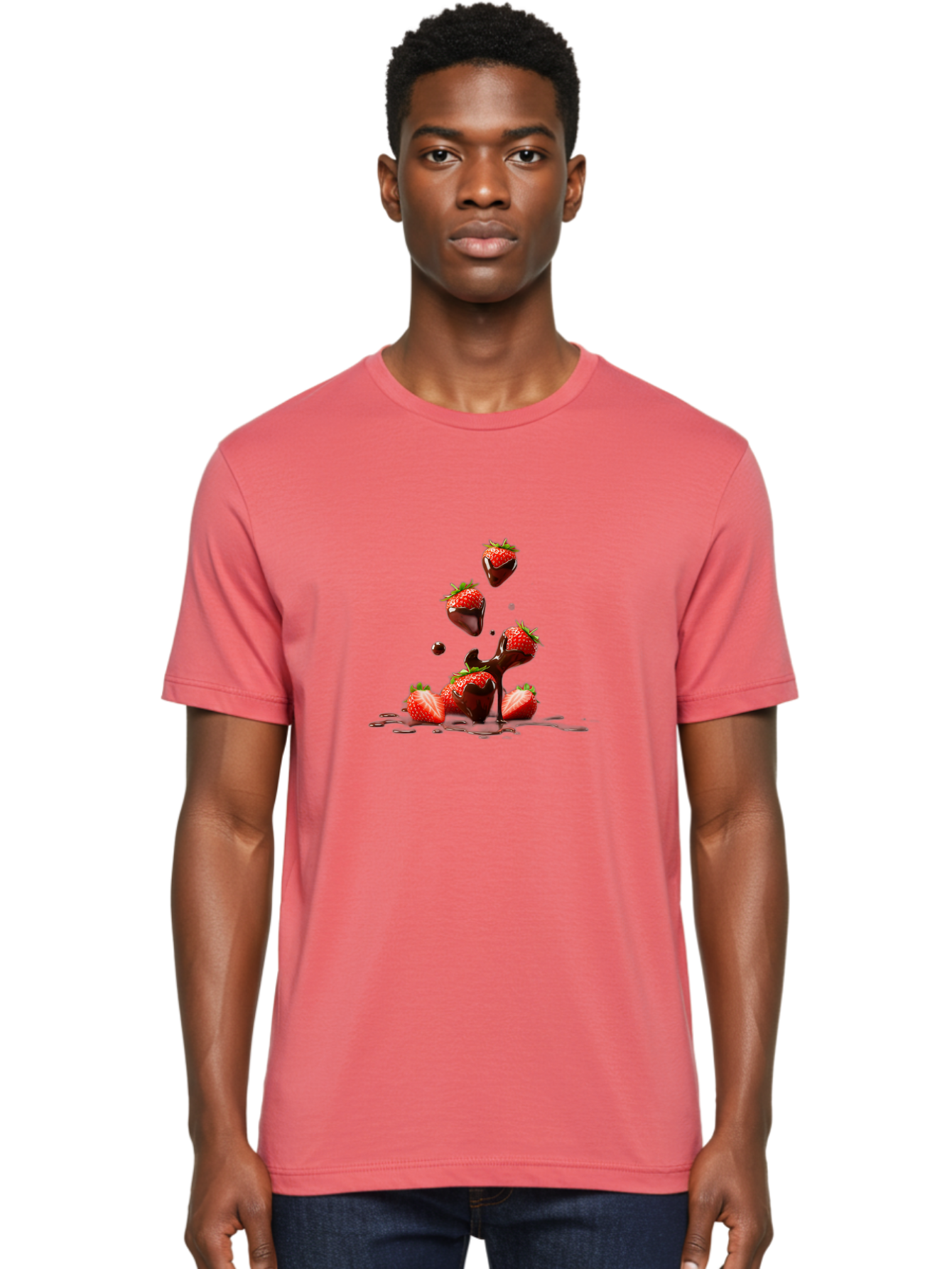 Strawberries-With-Chocolate Men'S Graphic Tee, 100% Cotton, Comfortable Casual Summer Wear, Machine Washable, Strawberries, Chocolate Sauce, Fresh Fruit, Dessert, Sweet Treats, Indulgent Delights, Ripe Strawberries, Chocolatey Goodness, Bac461
