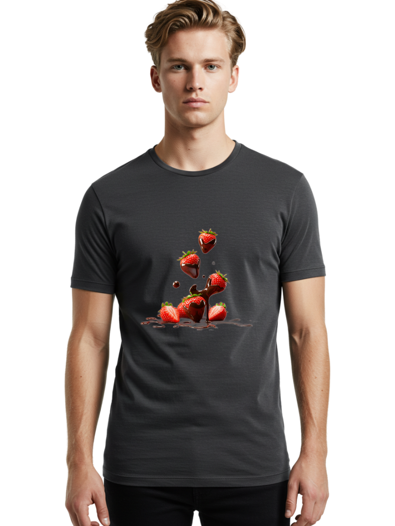 Strawberries-With-Chocolate Men'S Graphic Tee, 100% Cotton, Comfortable Casual Summer Wear, Machine Washable, Strawberries, Chocolate Sauce, Fresh Fruit, Dessert, Sweet Treats, Indulgent Delights, Ripe Strawberries, Chocolatey Goodness, Bac461