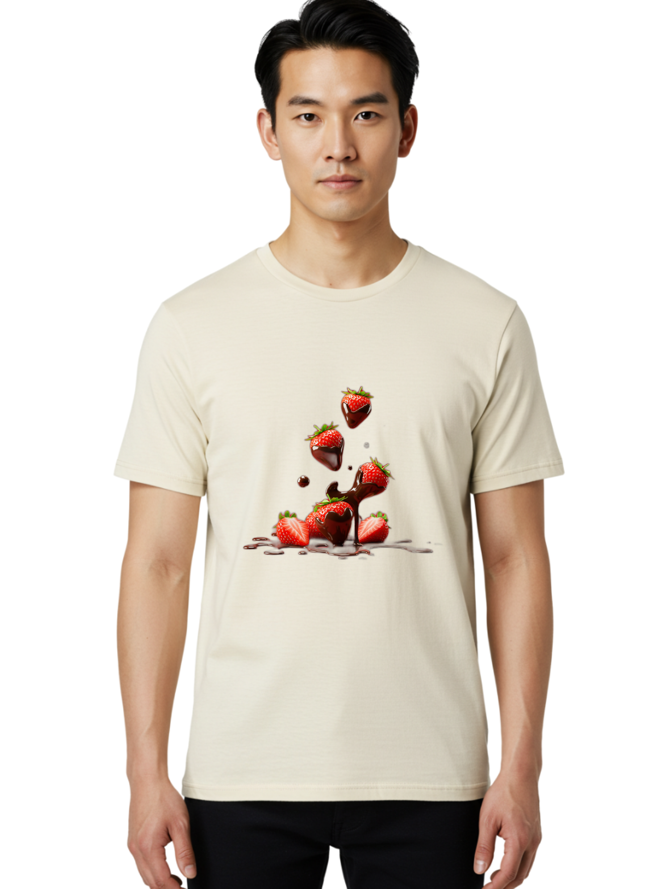 Strawberries-With-Chocolate Men'S Graphic Tee, 100% Cotton, Comfortable Casual Summer Wear, Machine Washable, Strawberries, Chocolate Sauce, Fresh Fruit, Dessert, Sweet Treats, Indulgent Delights, Ripe Strawberries, Chocolatey Goodness, Bac461