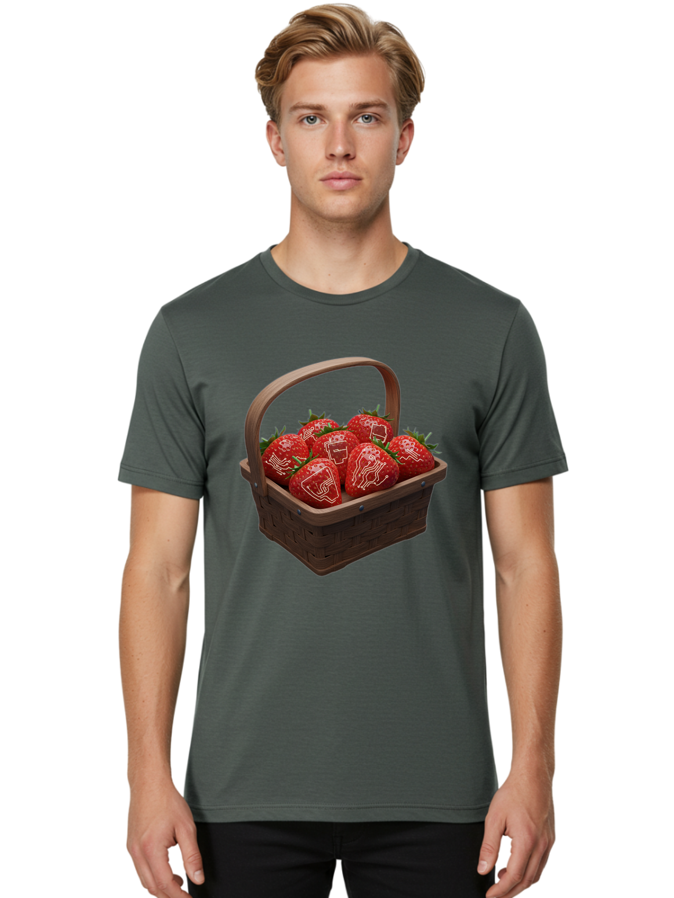 Strawberries-With-Robot-Faces Men'S Graphic Tee, 100% Cotton, Comfortable Casual Summer Wear, Machine Washable, Strawberries With Diagrams, Technical Drawings On Fruit, Wooden Basket, Fresh Strawberries, Technical Illustrations, Bac462