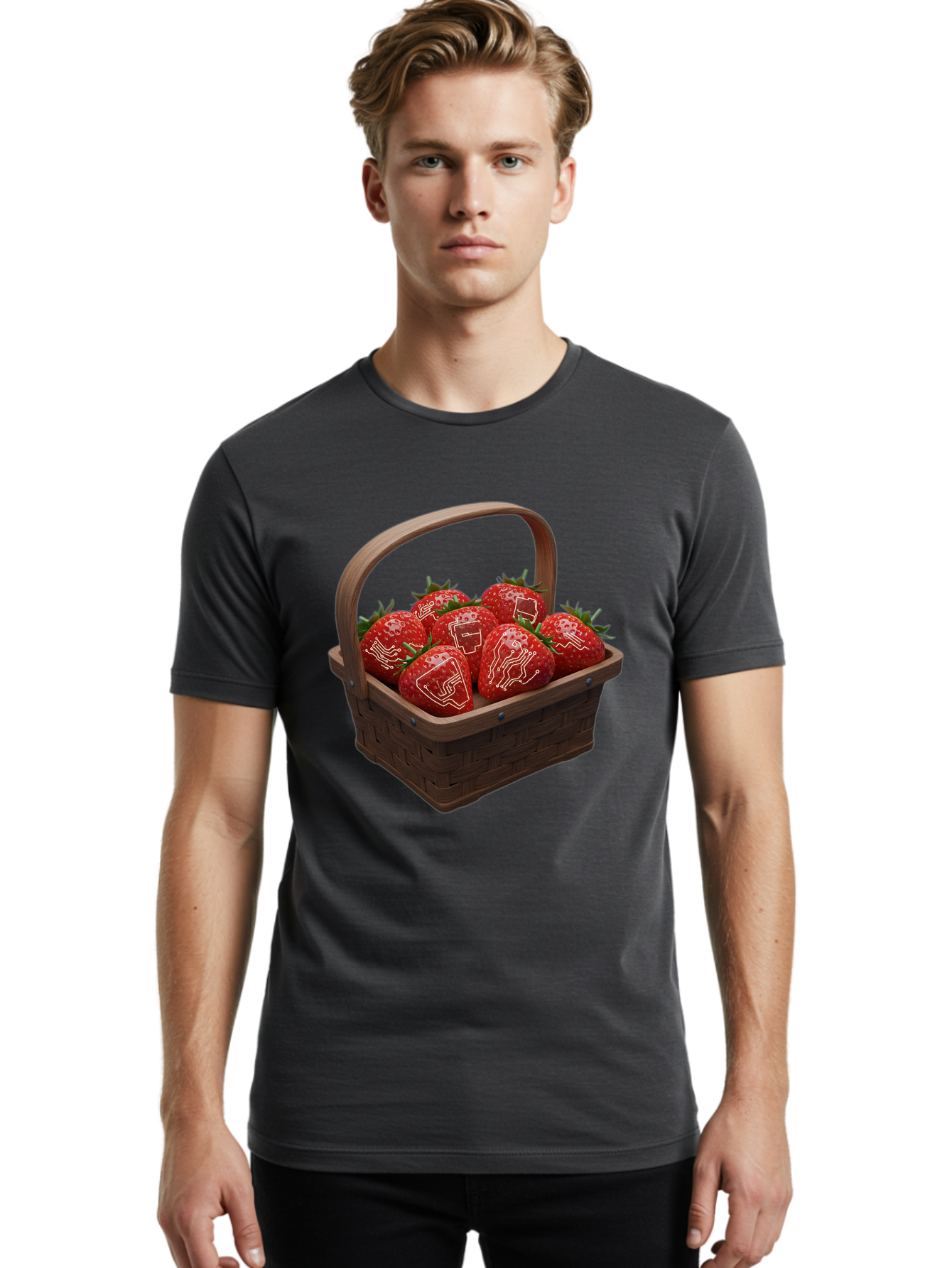 Strawberries-With-Robot-Faces Men'S Graphic Tee, 100% Cotton, Comfortable Casual Summer Wear, Machine Washable, Strawberries With Diagrams, Technical Drawings On Fruit, Wooden Basket, Fresh Strawberries, Technical Illustrations, Bac462