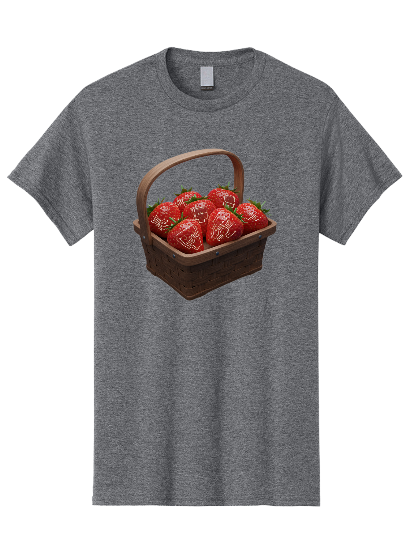 Strawberries-With-Robot-Faces Men'S Graphic Tee, 100% Cotton, Comfortable Casual Summer Wear, Machine Washable, Strawberries With Diagrams, Technical Drawings On Fruit, Wooden Basket, Fresh Strawberries, Technical Illustrations, Bac462