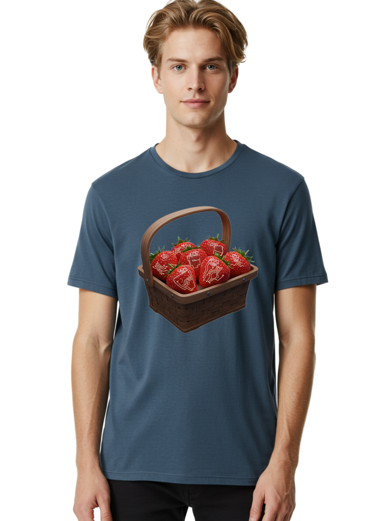 Strawberries-With-Robot-Faces Men'S Graphic Tee, 100% Cotton, Comfortable Casual Summer Wear, Machine Washable, Strawberries With Diagrams, Technical Drawings On Fruit, Wooden Basket, Fresh Strawberries, Technical Illustrations, Bac462