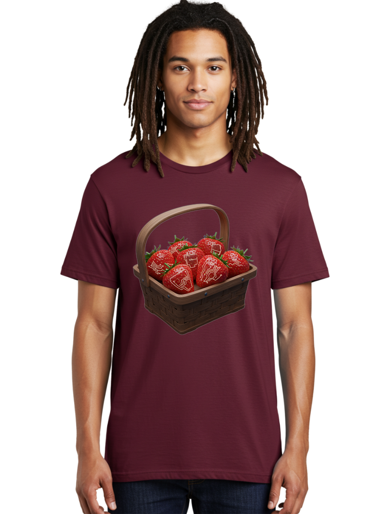 Strawberries-With-Robot-Faces Men'S Graphic Tee, 100% Cotton, Comfortable Casual Summer Wear, Machine Washable, Strawberries With Diagrams, Technical Drawings On Fruit, Wooden Basket, Fresh Strawberries, Technical Illustrations, Bac462