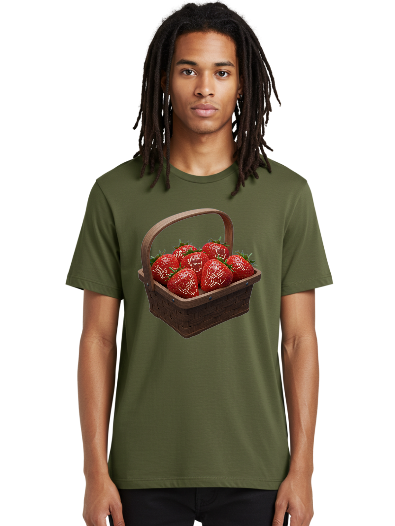 Strawberries-With-Robot-Faces Men'S Graphic Tee, 100% Cotton, Comfortable Casual Summer Wear, Machine Washable, Strawberries With Diagrams, Technical Drawings On Fruit, Wooden Basket, Fresh Strawberries, Technical Illustrations, Bac462