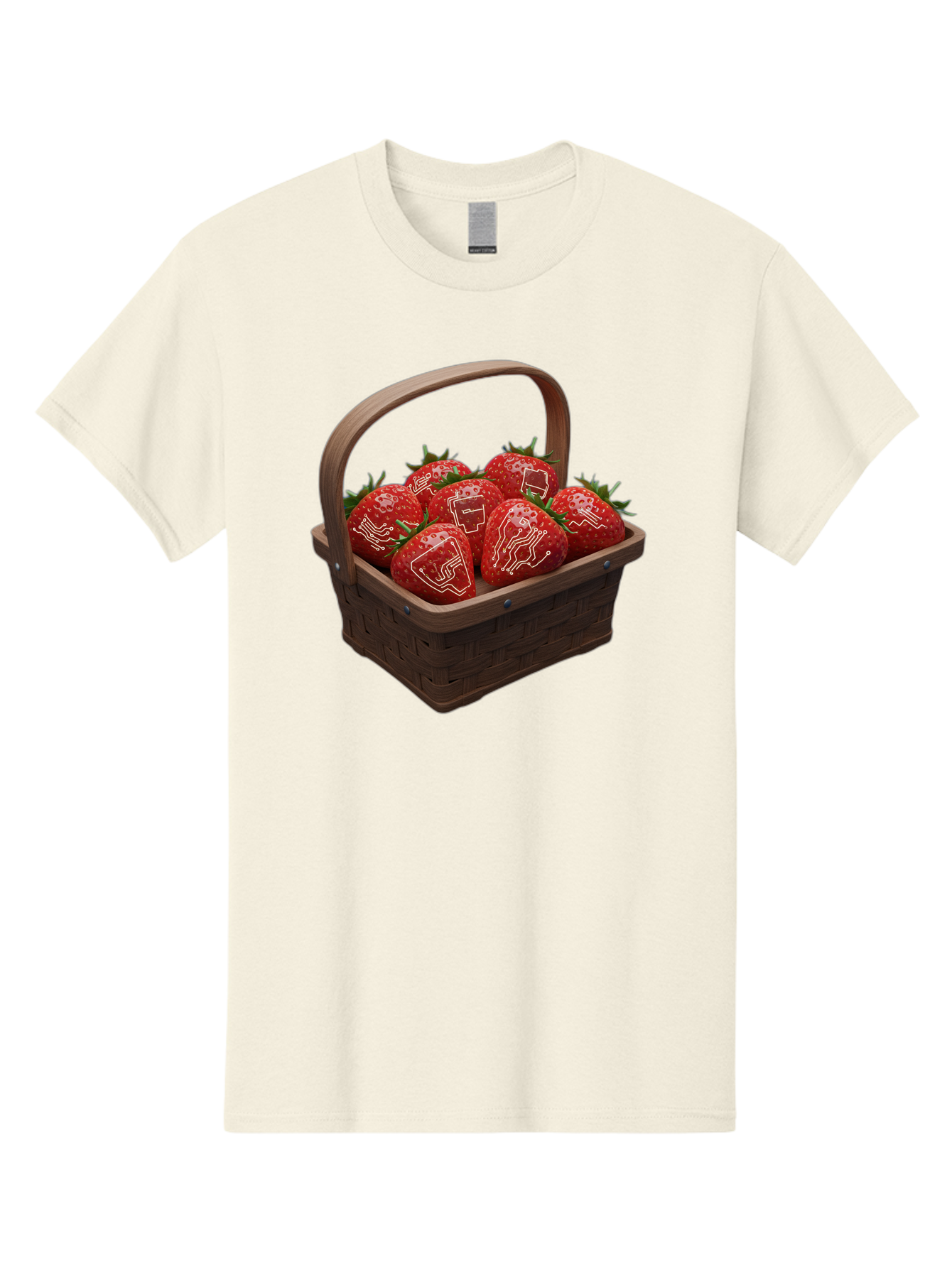 Strawberries-With-Robot-Faces Men'S Graphic Tee, 100% Cotton, Comfortable Casual Summer Wear, Machine Washable, Strawberries With Diagrams, Technical Drawings On Fruit, Wooden Basket, Fresh Strawberries, Technical Illustrations, Bac462