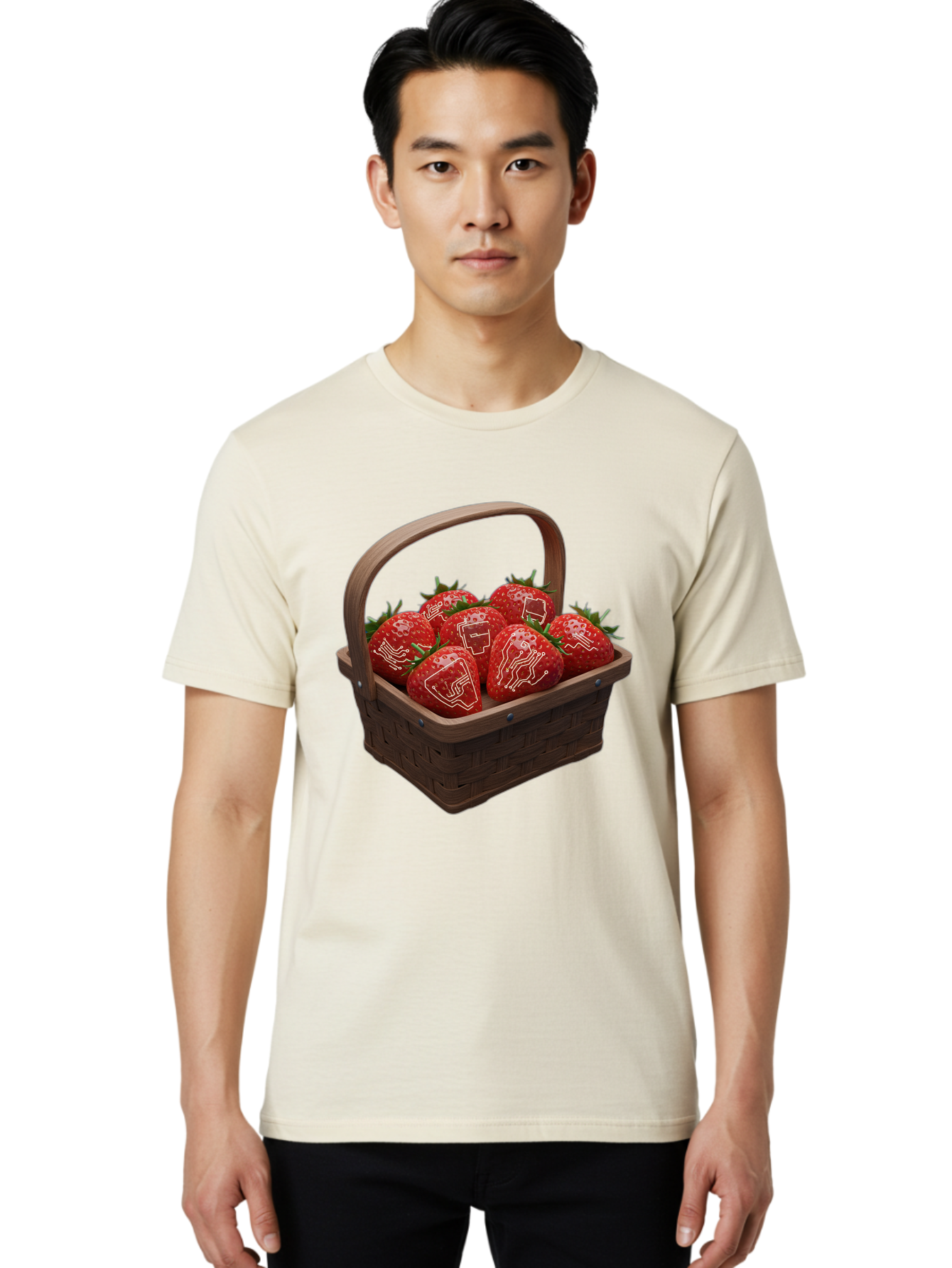 Strawberries-With-Robot-Faces Men'S Graphic Tee, 100% Cotton, Comfortable Casual Summer Wear, Machine Washable, Strawberries With Diagrams, Technical Drawings On Fruit, Wooden Basket, Fresh Strawberries, Technical Illustrations, Bac462