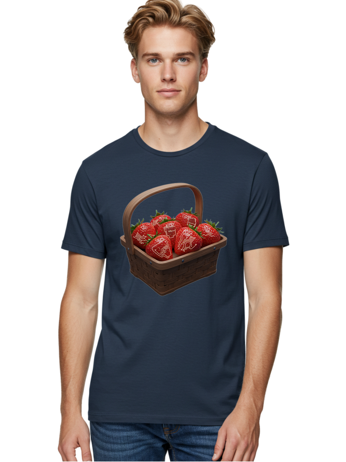 Strawberries-With-Robot-Faces Men'S Graphic Tee, 100% Cotton, Comfortable Casual Summer Wear, Machine Washable, Strawberries With Diagrams, Technical Drawings On Fruit, Wooden Basket, Fresh Strawberries, Technical Illustrations, Bac462