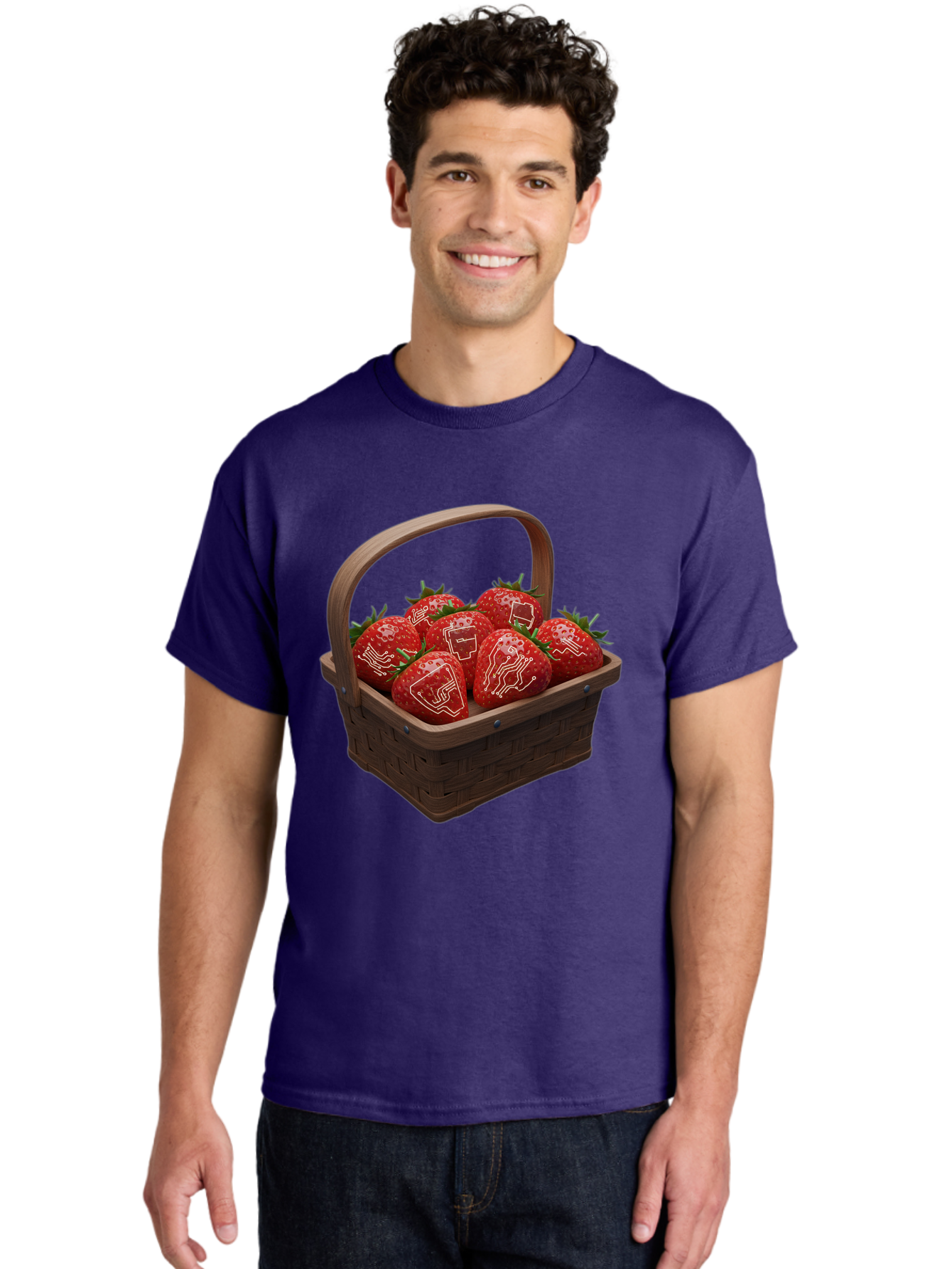 Strawberries-With-Robot-Faces Men'S Graphic Tee, 100% Cotton, Comfortable Casual Summer Wear, Machine Washable, Strawberries With Diagrams, Technical Drawings On Fruit, Wooden Basket, Fresh Strawberries, Technical Illustrations, Bac462