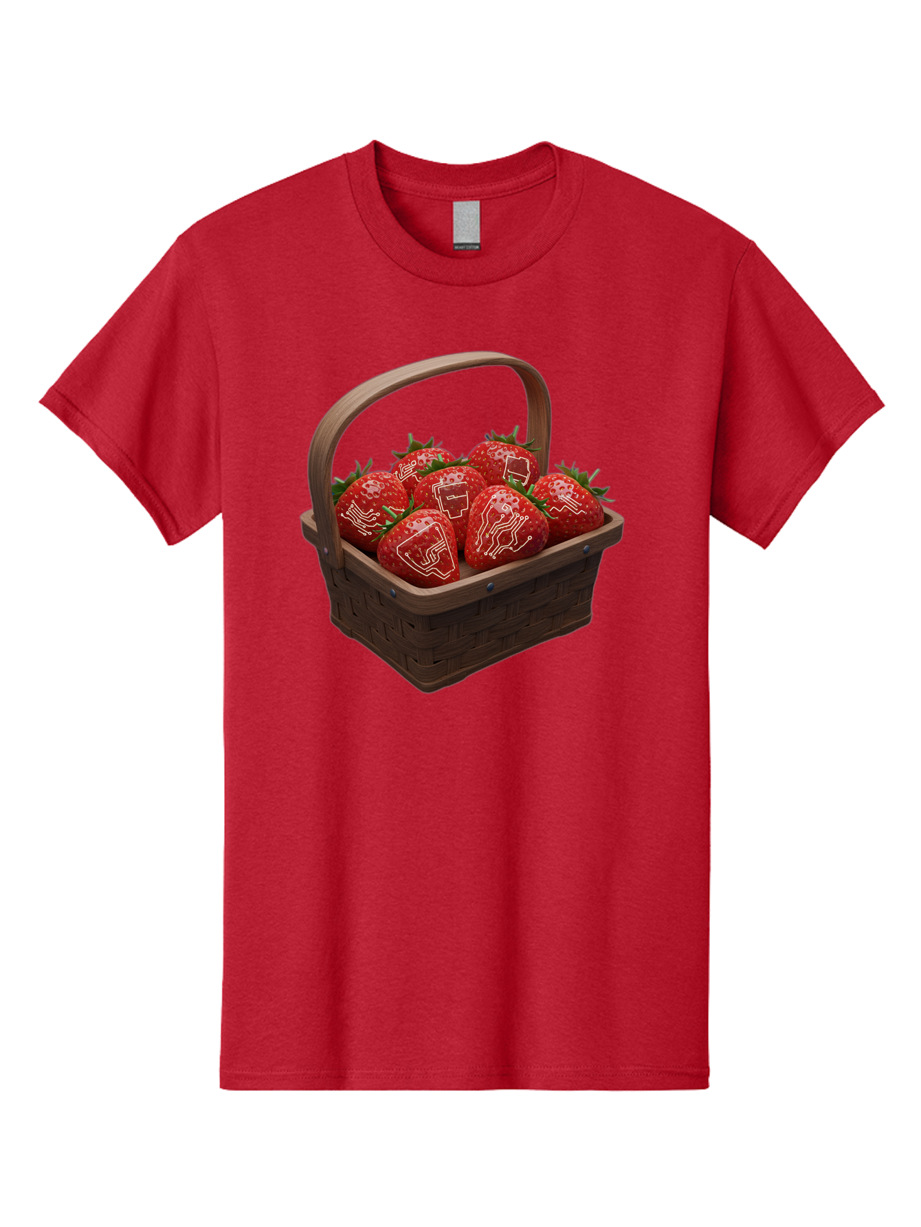 Strawberries-With-Robot-Faces Men'S Graphic Tee, 100% Cotton, Comfortable Casual Summer Wear, Machine Washable, Strawberries With Diagrams, Technical Drawings On Fruit, Wooden Basket, Fresh Strawberries, Technical Illustrations, Bac462