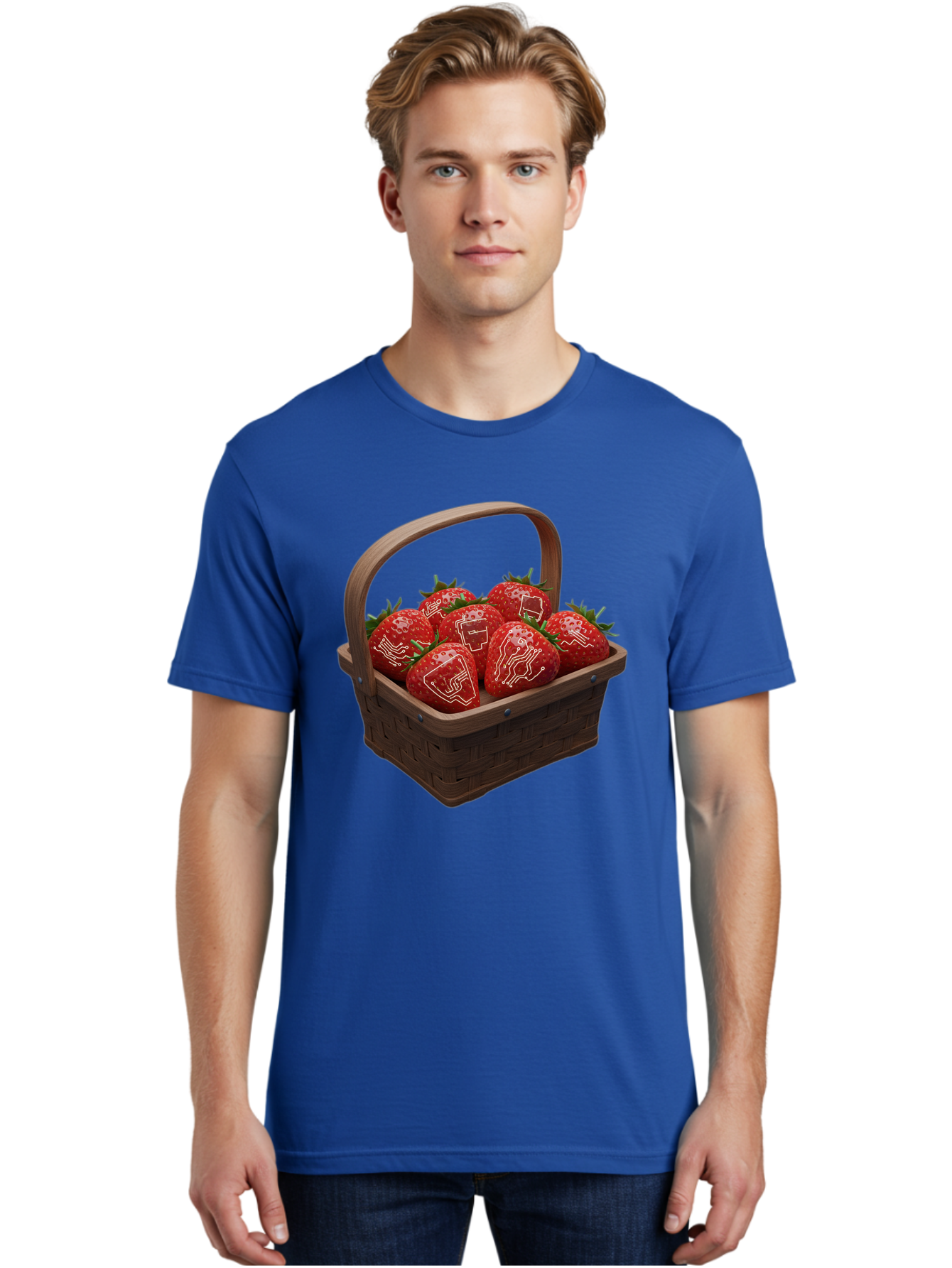 Strawberries-With-Robot-Faces Men'S Graphic Tee, 100% Cotton, Comfortable Casual Summer Wear, Machine Washable, Strawberries With Diagrams, Technical Drawings On Fruit, Wooden Basket, Fresh Strawberries, Technical Illustrations, Bac462