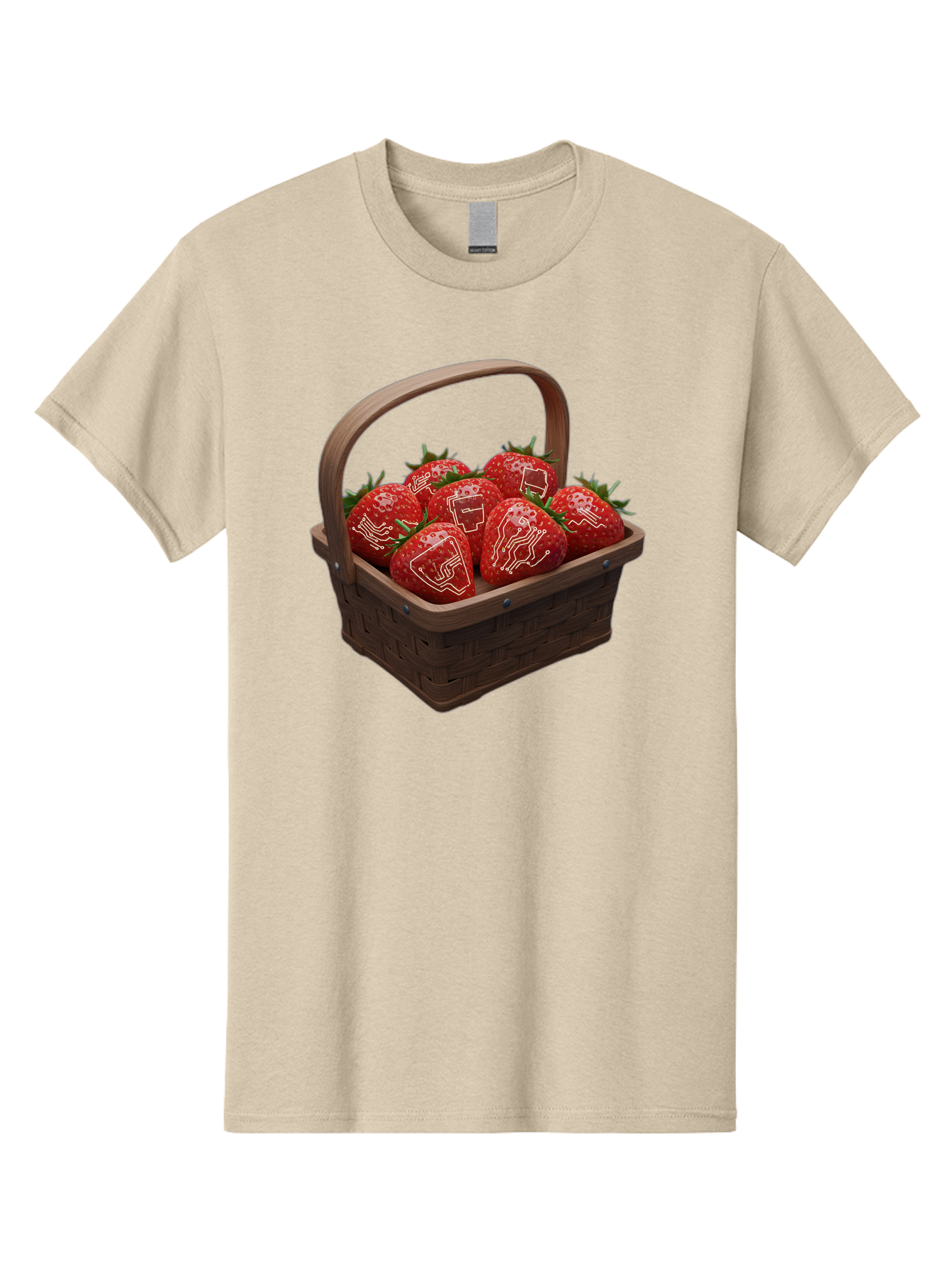 Strawberries-With-Robot-Faces Men'S Graphic Tee, 100% Cotton, Comfortable Casual Summer Wear, Machine Washable, Strawberries With Diagrams, Technical Drawings On Fruit, Wooden Basket, Fresh Strawberries, Technical Illustrations, Bac462