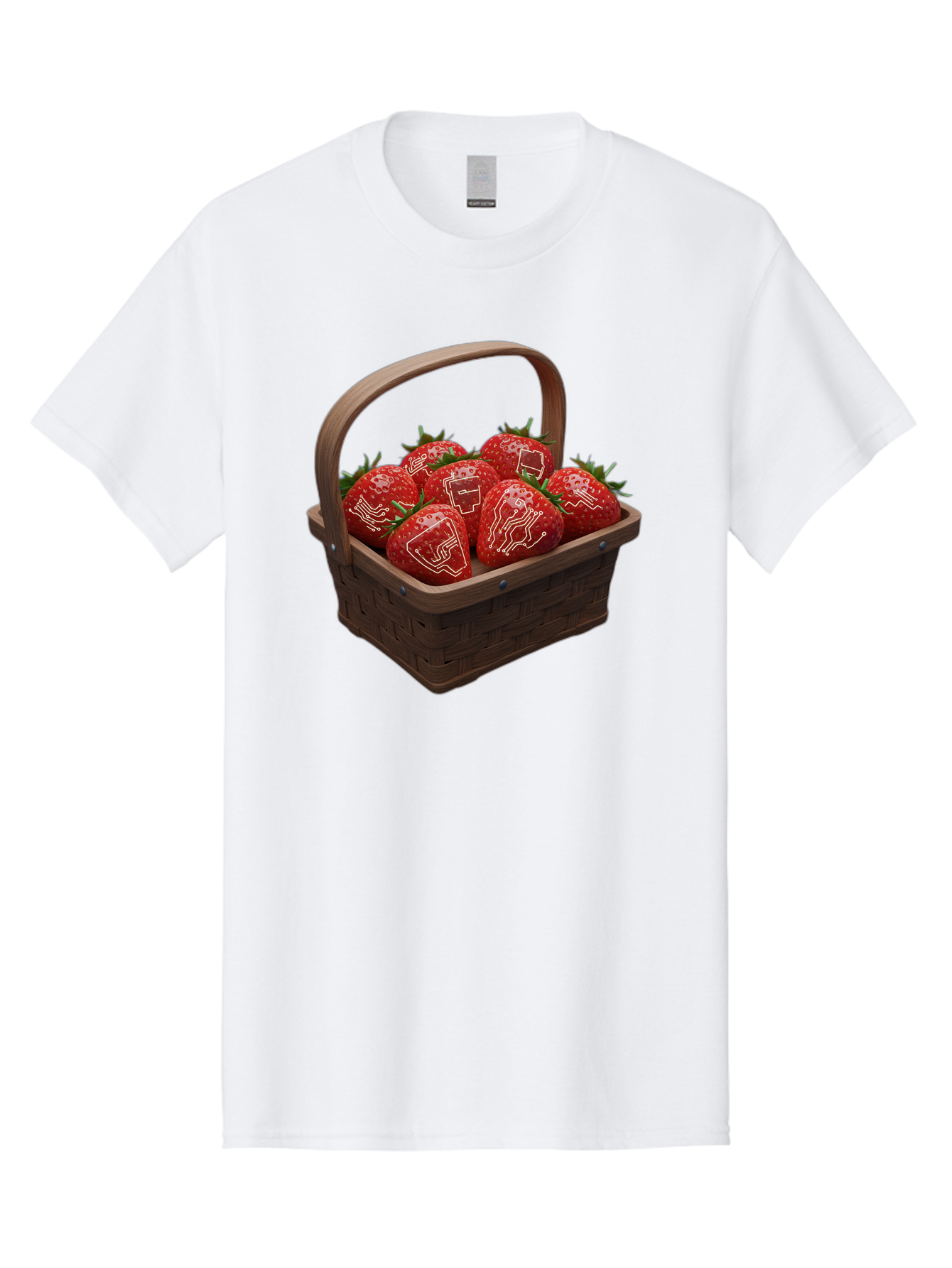 Strawberries-With-Robot-Faces Men'S Graphic Tee, 100% Cotton, Comfortable Casual Summer Wear, Machine Washable, Strawberries With Diagrams, Technical Drawings On Fruit, Wooden Basket, Fresh Strawberries, Technical Illustrations, Bac462