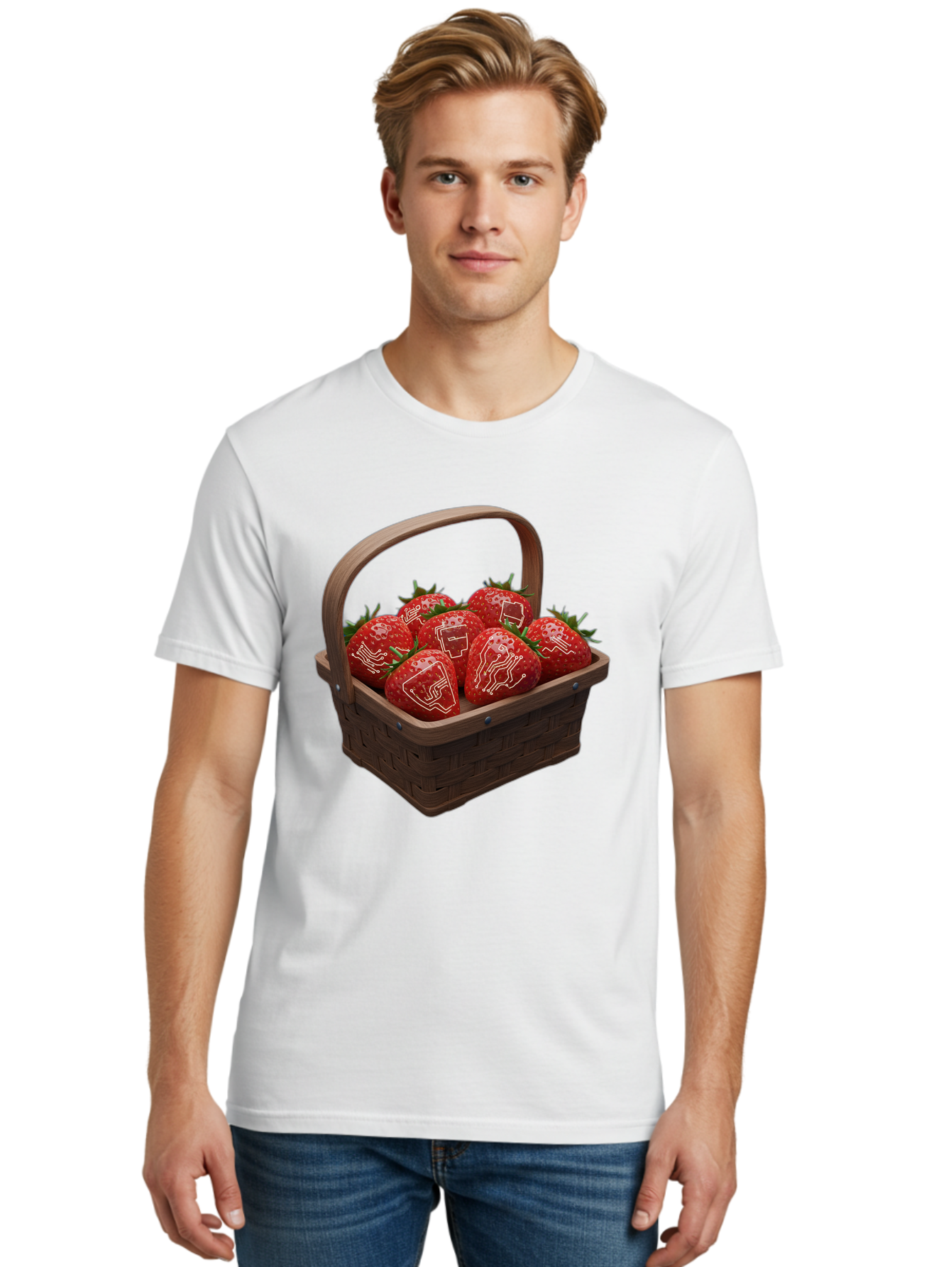 Strawberries-With-Robot-Faces Men'S Graphic Tee, 100% Cotton, Comfortable Casual Summer Wear, Machine Washable, Strawberries With Diagrams, Technical Drawings On Fruit, Wooden Basket, Fresh Strawberries, Technical Illustrations, Bac462