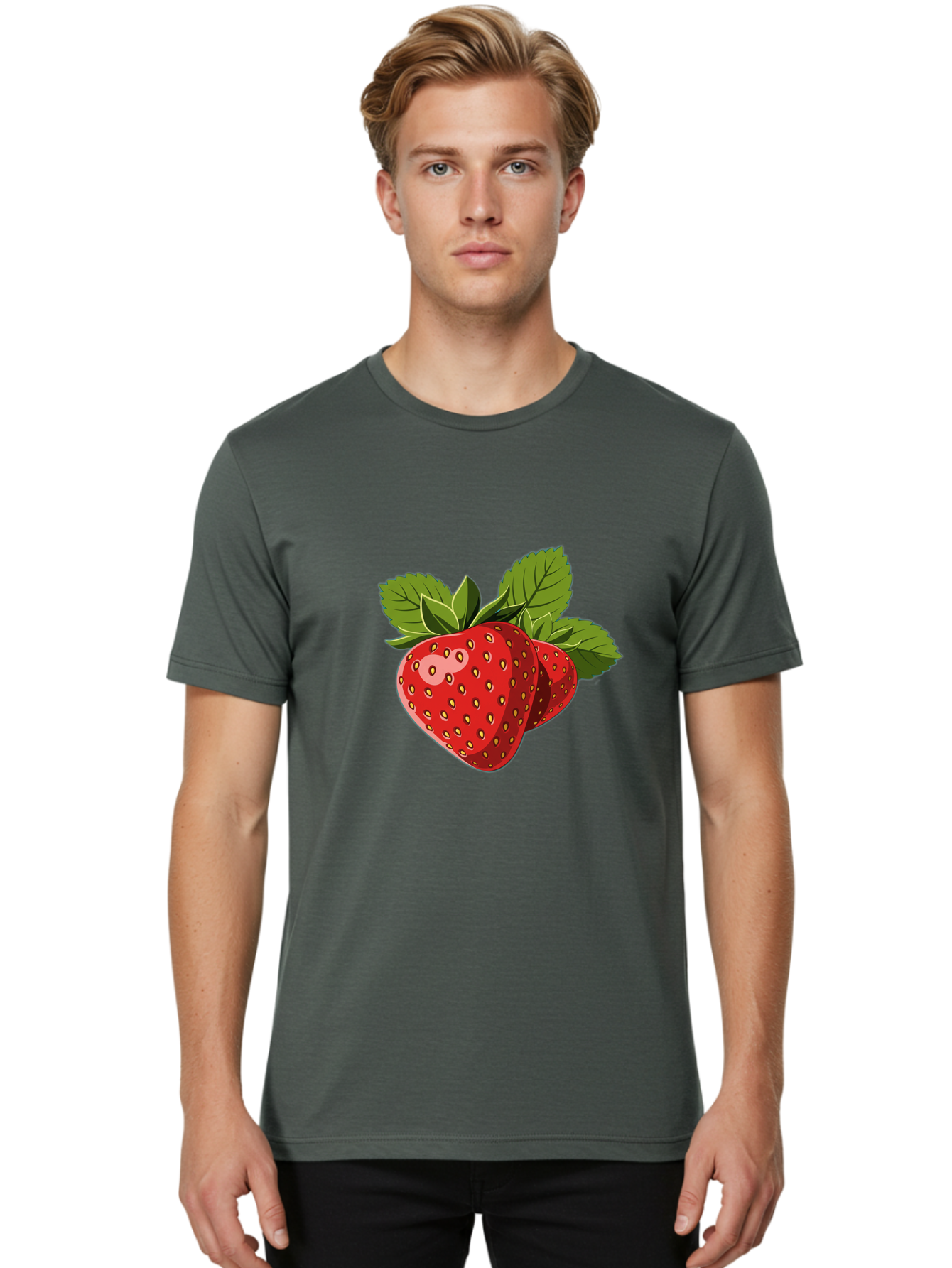 Strawberries Men'S Graphic Tee, 100% Cotton, Comfortable Casual Summer Wear, Machine Washable, Strawberries With Leaves, Fresh Fruit, Red Strawberries, Strawberry Illustration, Sweet Treats, Healthy Snacks, Green Leaves, Ripe Strawberries, Bac463