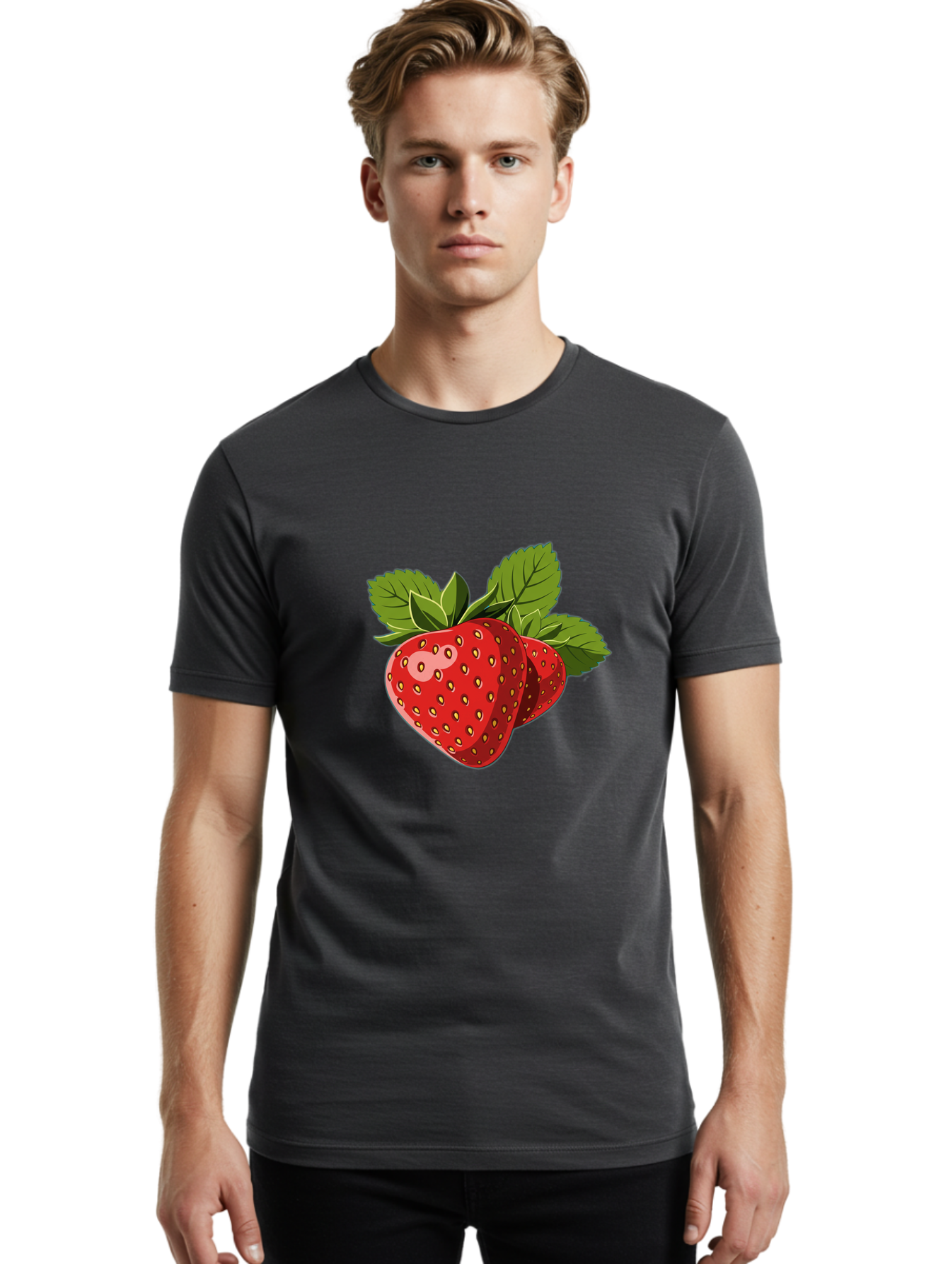 Strawberries Men'S Graphic Tee, 100% Cotton, Comfortable Casual Summer Wear, Machine Washable, Strawberries With Leaves, Fresh Fruit, Red Strawberries, Strawberry Illustration, Sweet Treats, Healthy Snacks, Green Leaves, Ripe Strawberries, Bac463