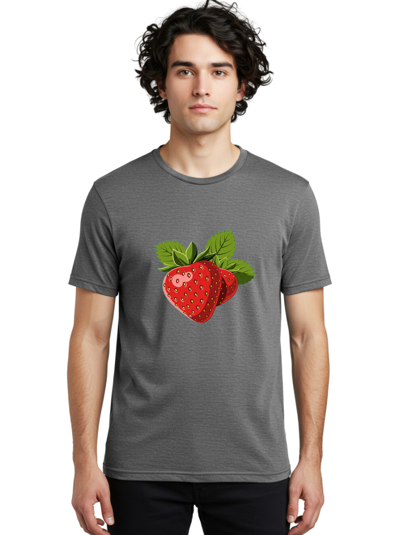 Strawberries Men'S Graphic Tee, 100% Cotton, Comfortable Casual Summer Wear, Machine Washable, Strawberries With Leaves, Fresh Fruit, Red Strawberries, Strawberry Illustration, Sweet Treats, Healthy Snacks, Green Leaves, Ripe Strawberries, Bac463